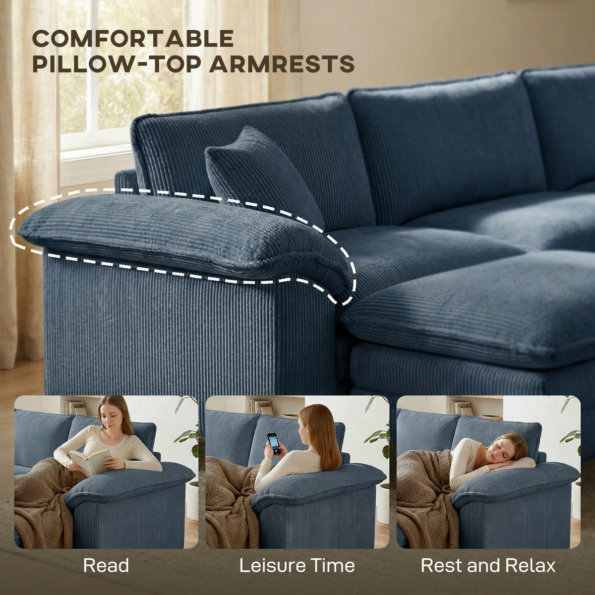 Sectional Sofa - Blue L-Shaped Corduroy Couch with Ottoman-Home Furnishings > Living Room Furniture > Sofas & Reclining Chairs > L Shaped Couchs-DECOROLALA