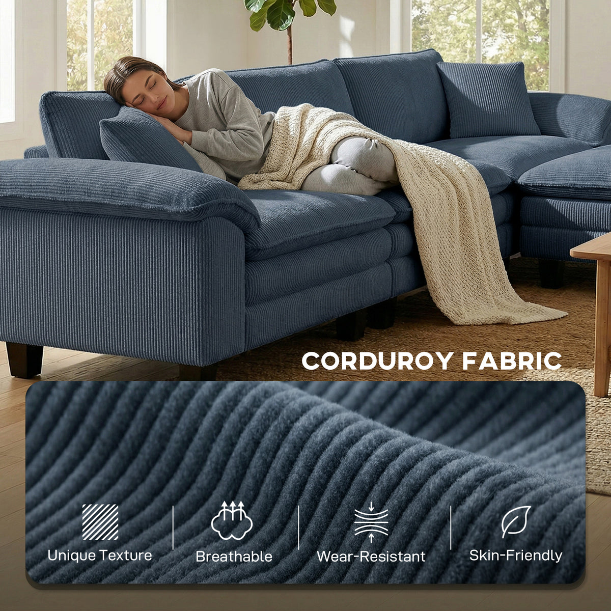 Sectional Sofa - Blue L-Shaped Corduroy Couch with Ottoman-Home Furnishings > Living Room Furniture > Sofas & Reclining Chairs > L Shaped Couchs-DECOROLALA