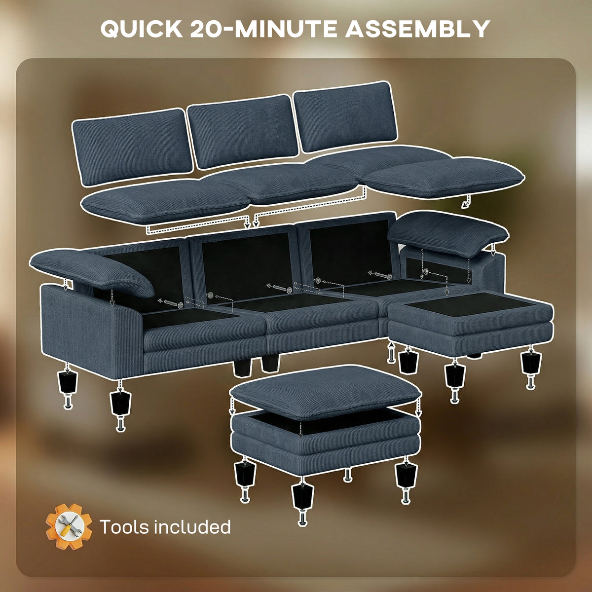 Sectional Sofa - Blue L-Shaped Corduroy Couch with Ottoman-Home Furnishings > Living Room Furniture > Sofas & Reclining Chairs > L Shaped Couchs-DECOROLALA