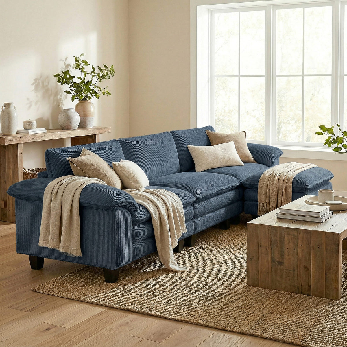 Sectional Sofa - Blue L-Shaped Corduroy Couch with Ottoman-Home Furnishings > Living Room Furniture > Sofas & Reclining Chairs > L Shaped Couchs-DECOROLALA