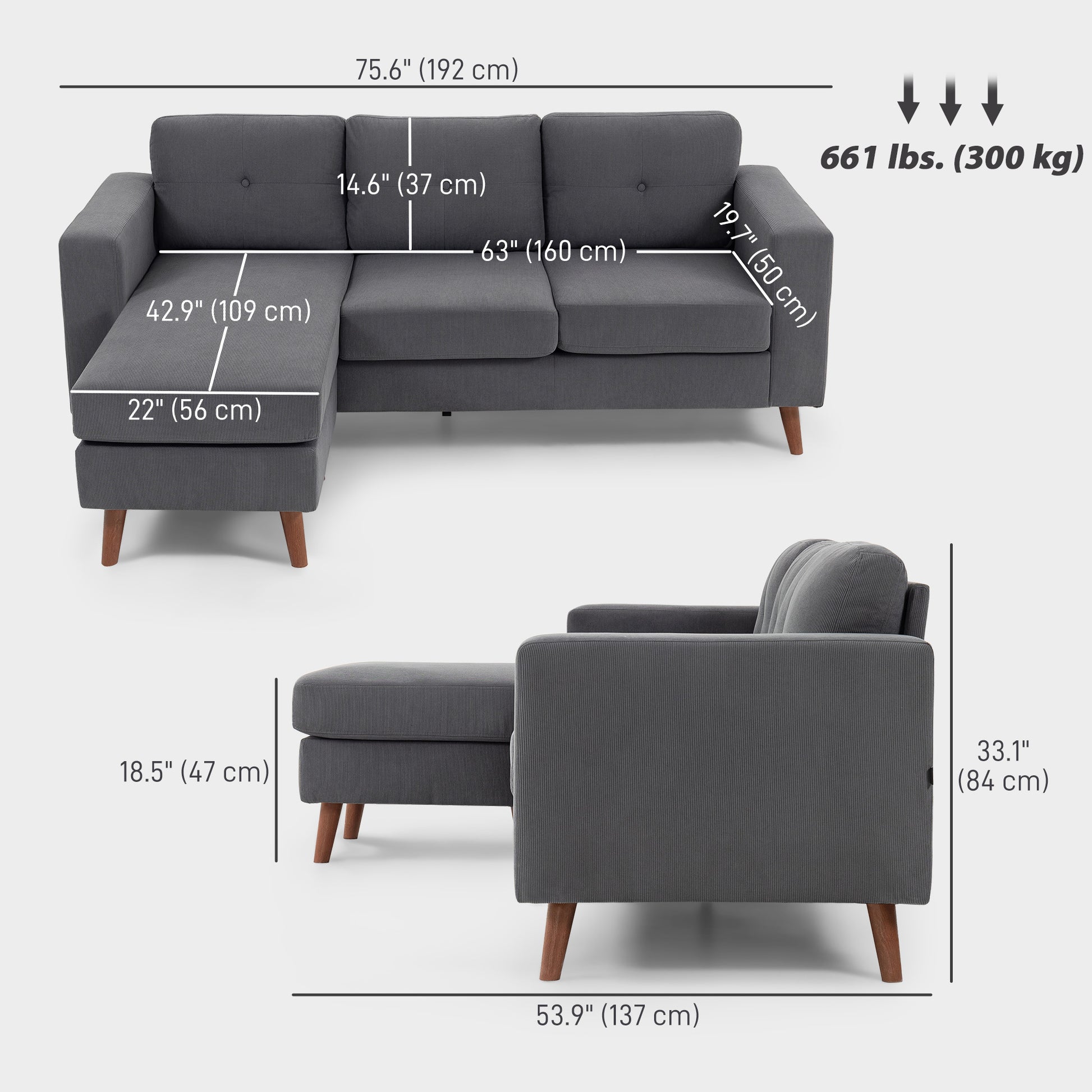 Sectional Sofa L-Shaped Chaise Lounge Dark Grey-DECOROLALA