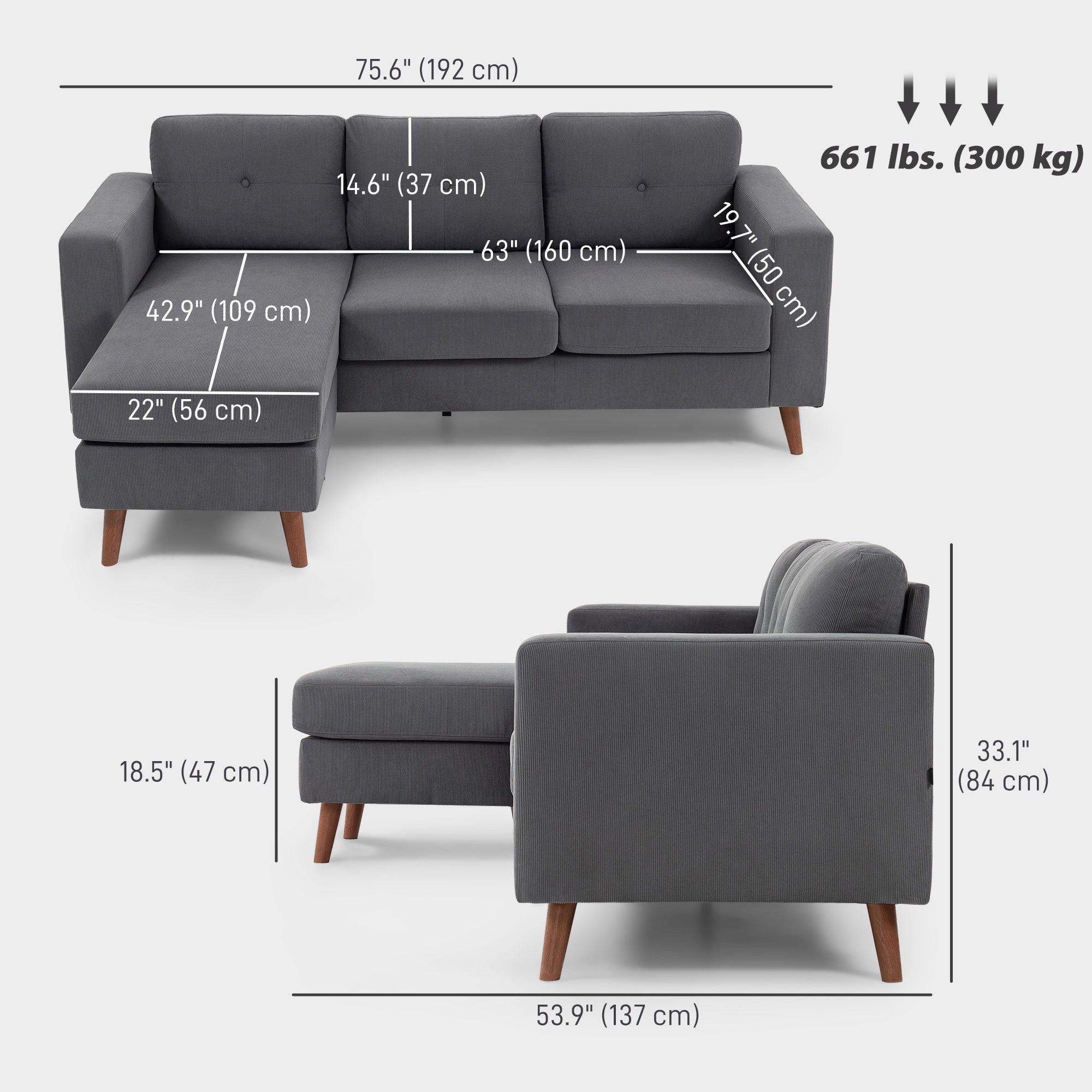 Sectional Sofa L-Shaped Chaise Lounge Dark Grey-DECOROLALA