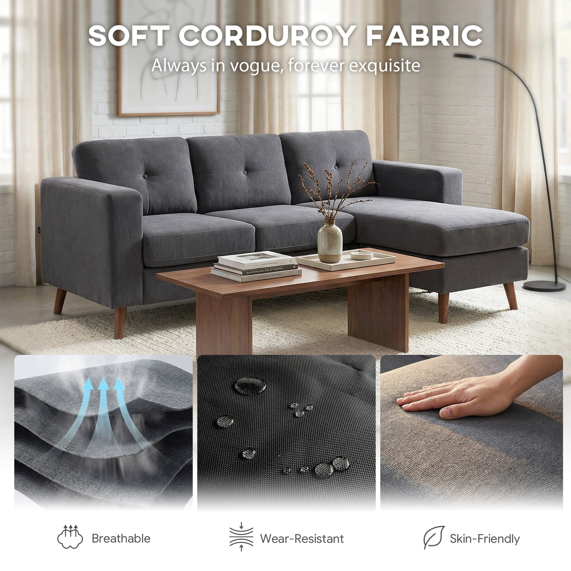 Sectional Sofa L-Shaped Chaise Lounge Dark Grey-DECOROLALA