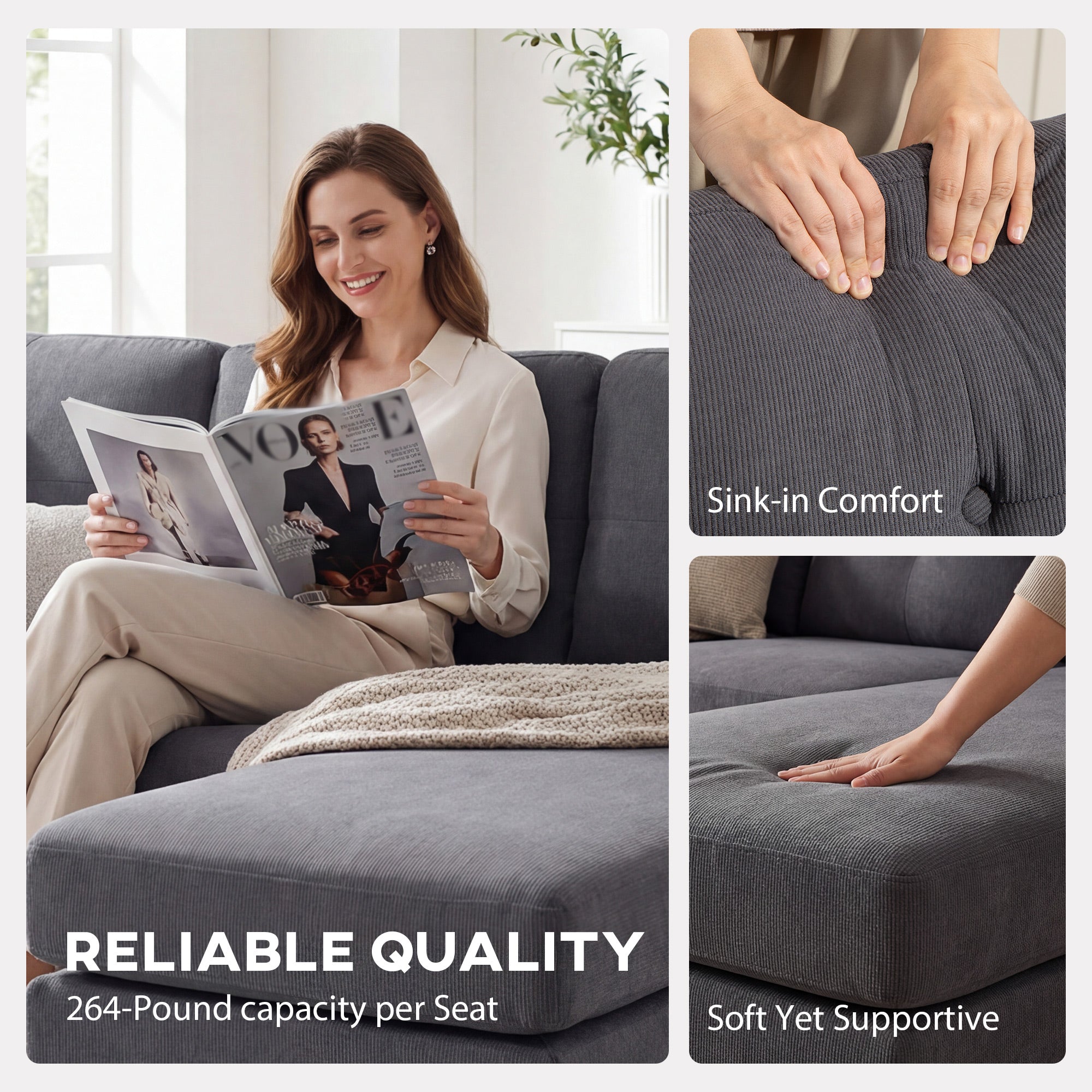 Sectional Sofa L-Shaped Chaise Lounge Dark Grey-DECOROLALA