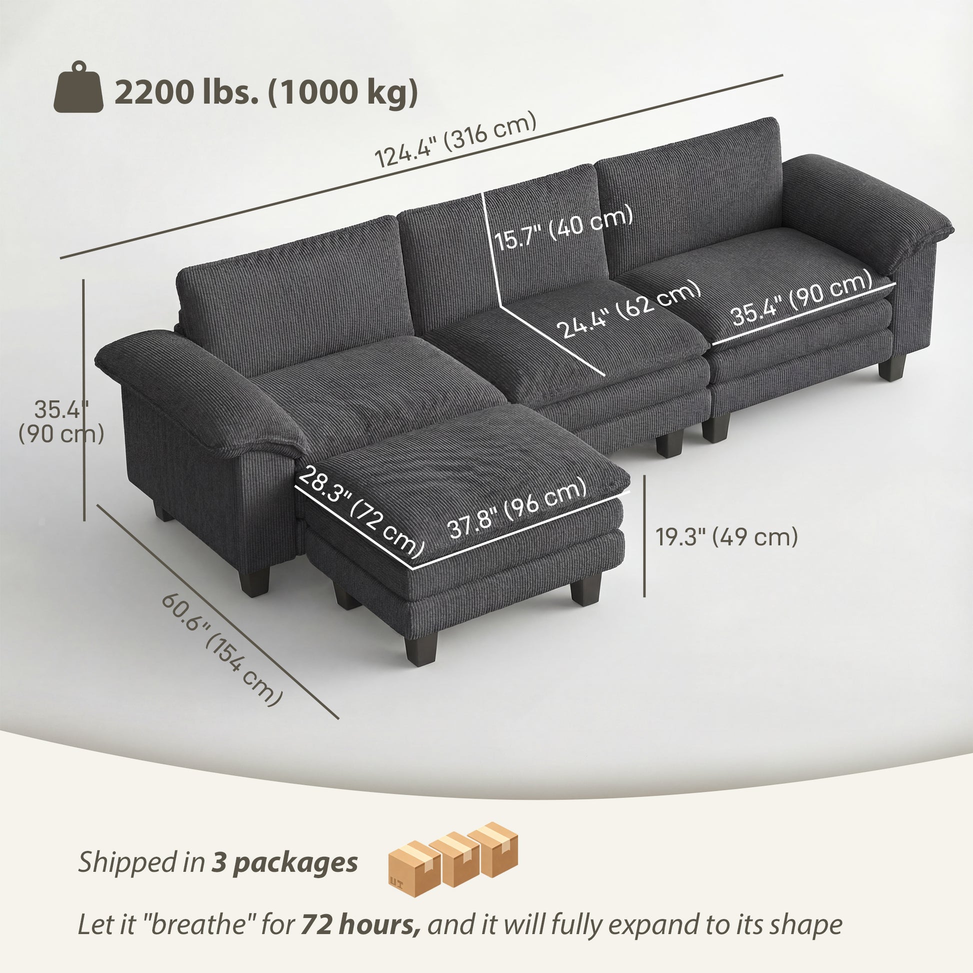Sectional Sofa L-Shaped Corduroy Dark Grey-DECOROLALA