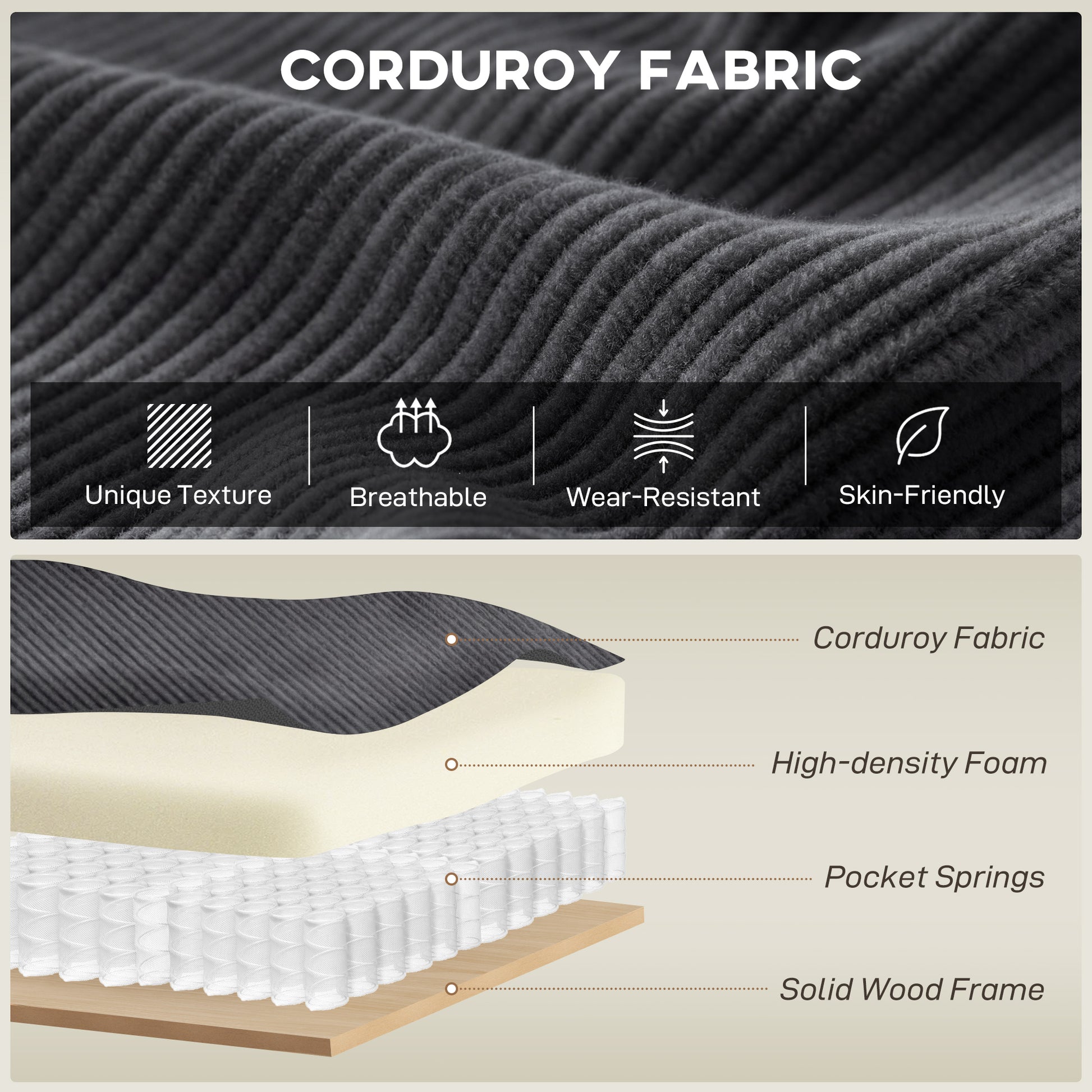 Sectional Sofa L-Shaped Corduroy Dark Grey-DECOROLALA