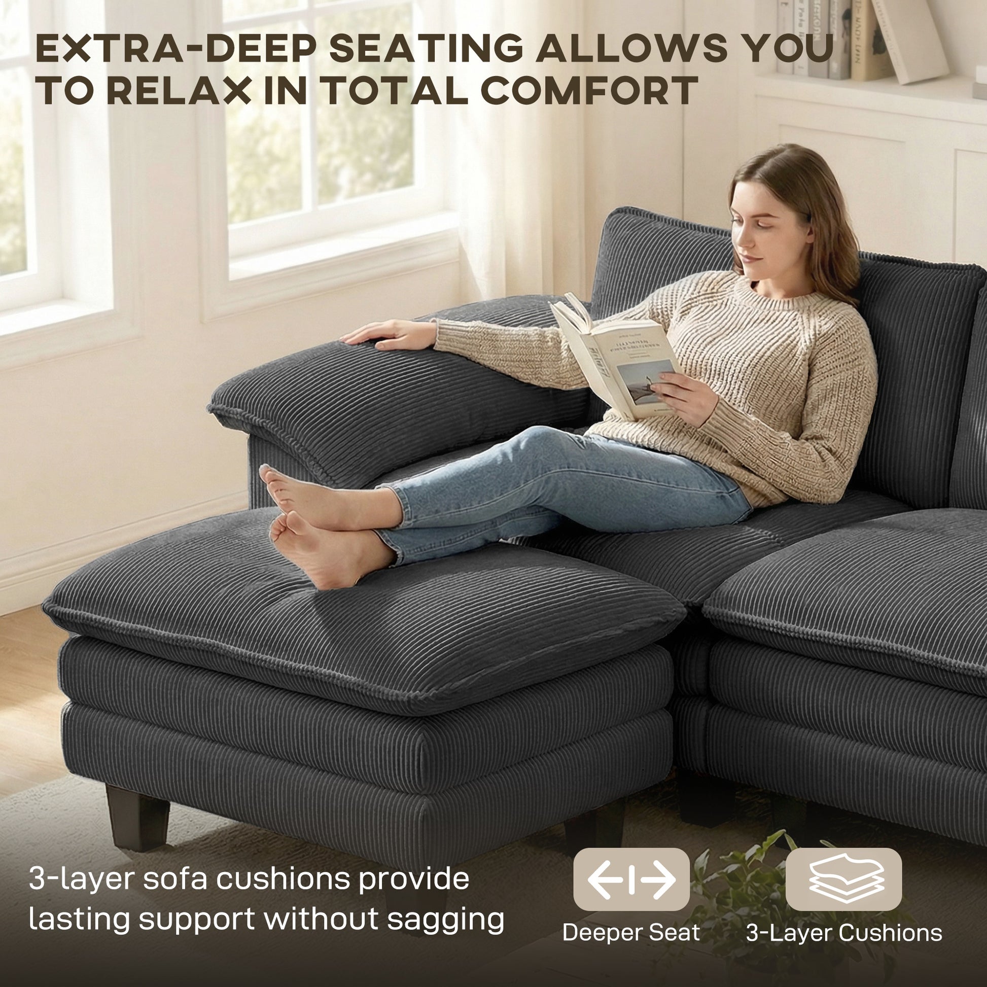 Sectional Sofa L-Shaped Corduroy Dark Grey-DECOROLALA