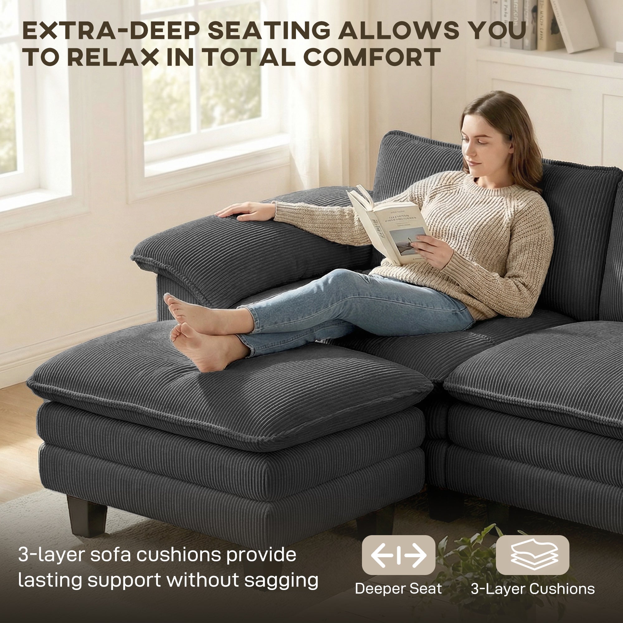 Sectional Sofa L-Shaped Corduroy Dark Grey-DECOROLALA