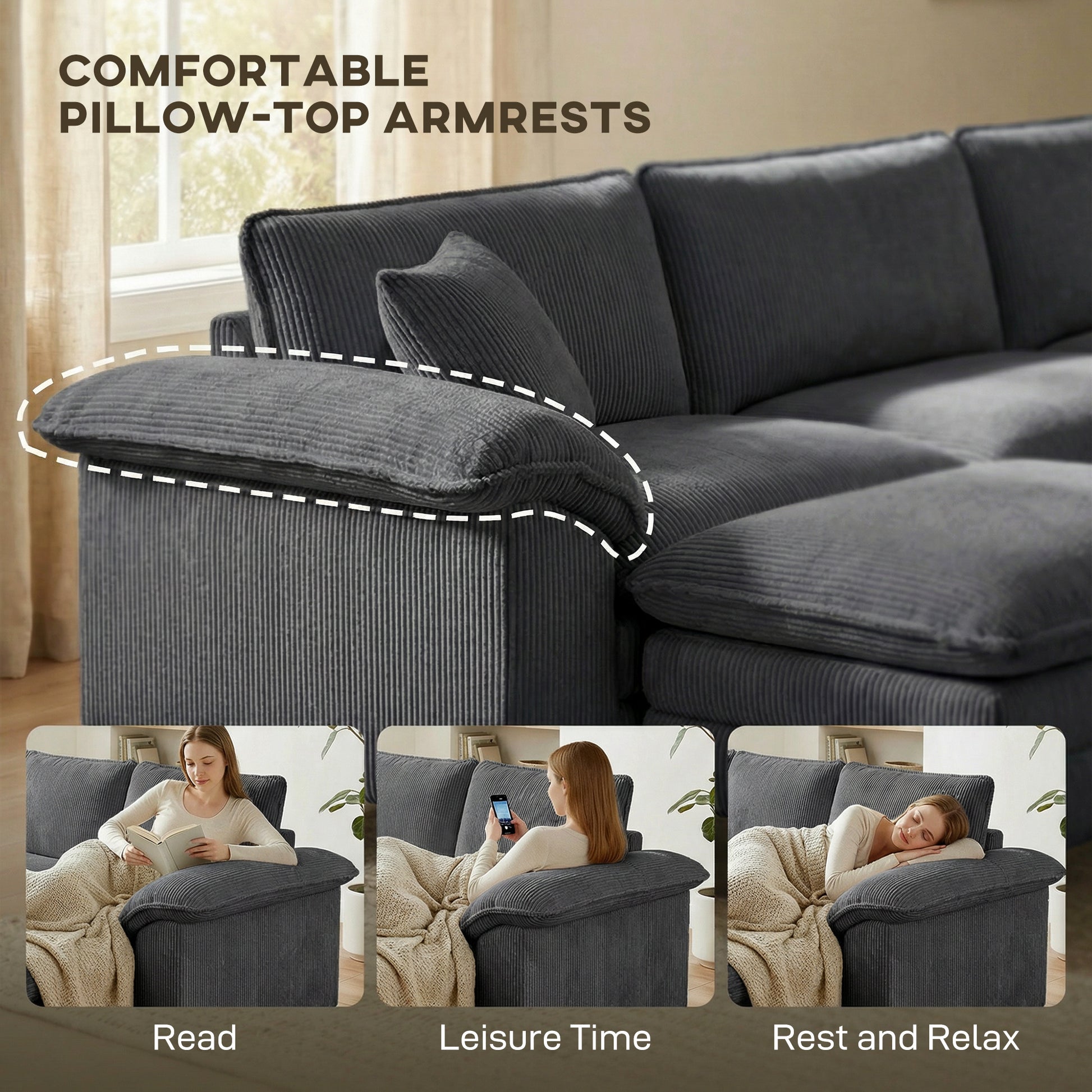 Sectional Sofa L-Shaped Corduroy Dark Grey-DECOROLALA