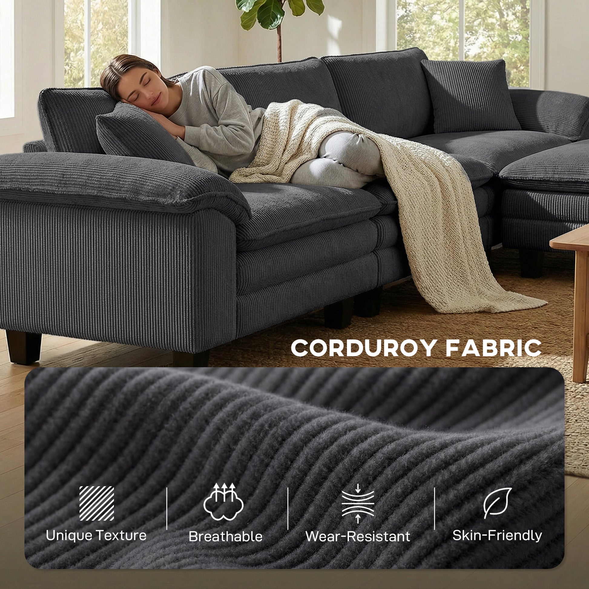 Sectional Sofa L-Shaped Corduroy Dark Grey-DECOROLALA