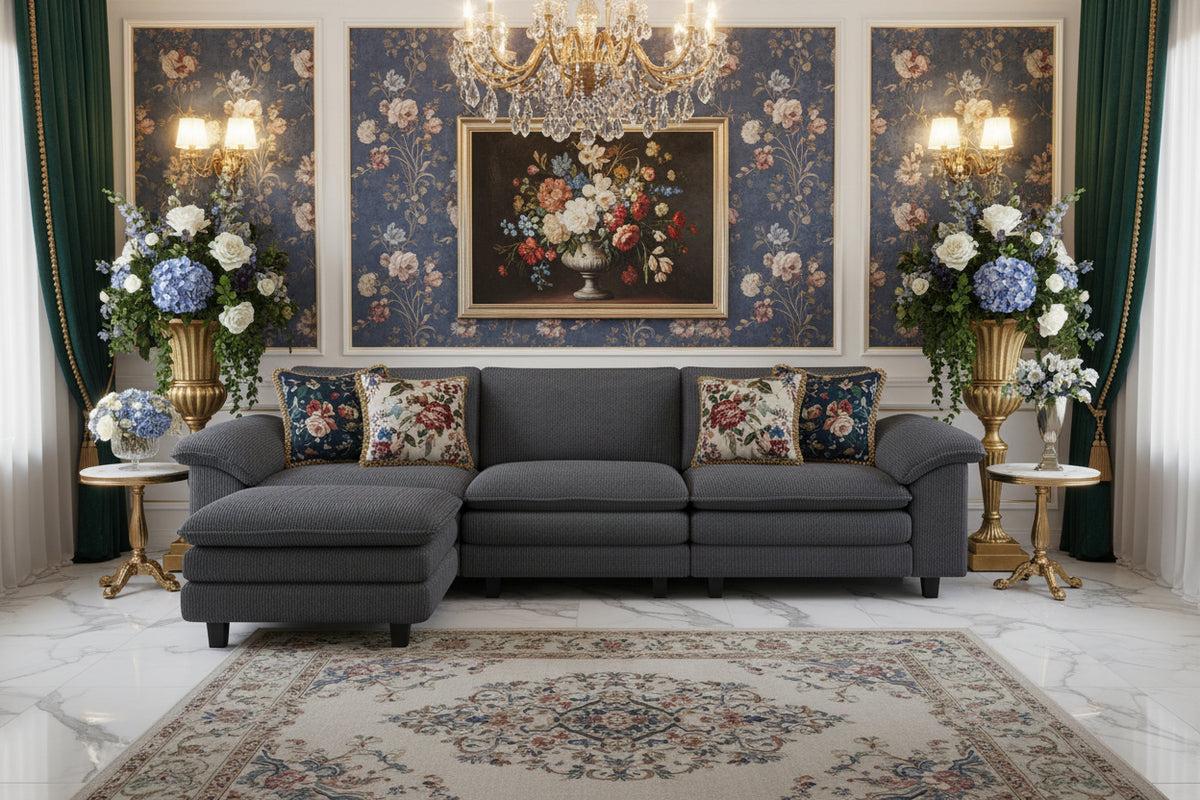 Sectional Sofa L-Shaped Corduroy Dark Grey-Sectional Sofas-DECOROLALA