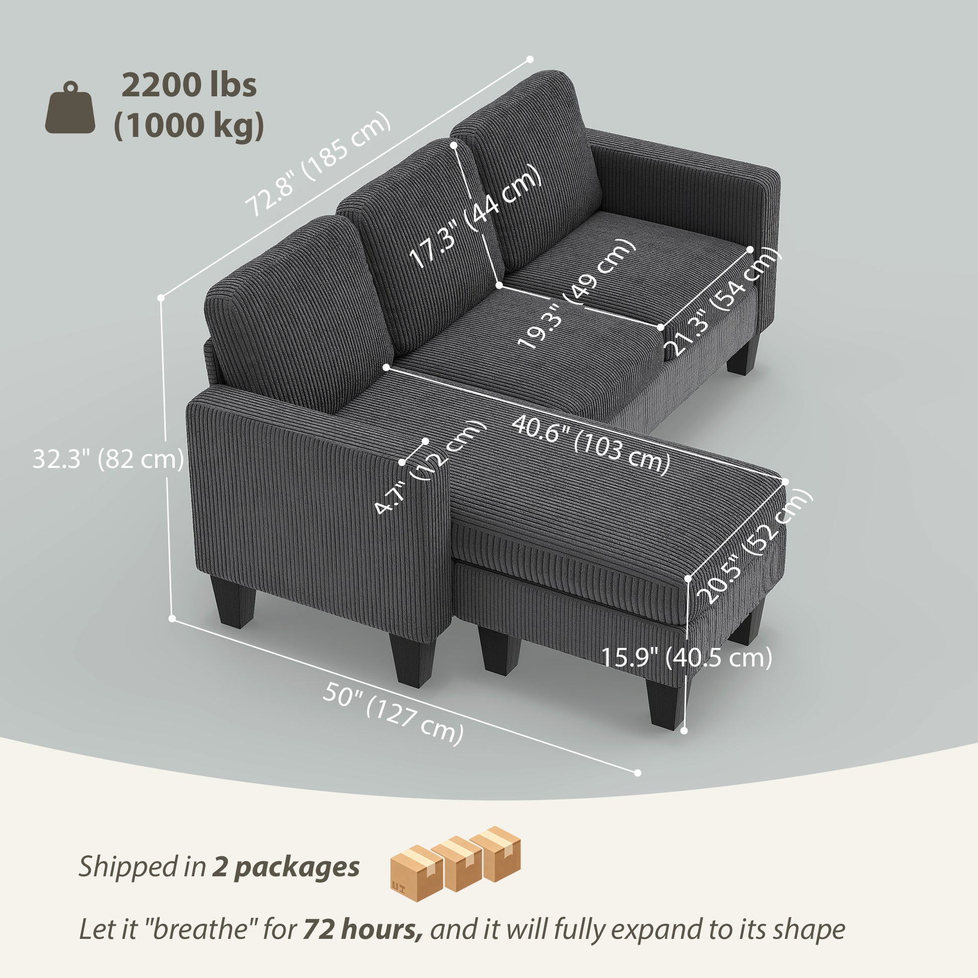 Sectional Sofa L-Shaped Dark Grey Corduroy-DECOROLALA