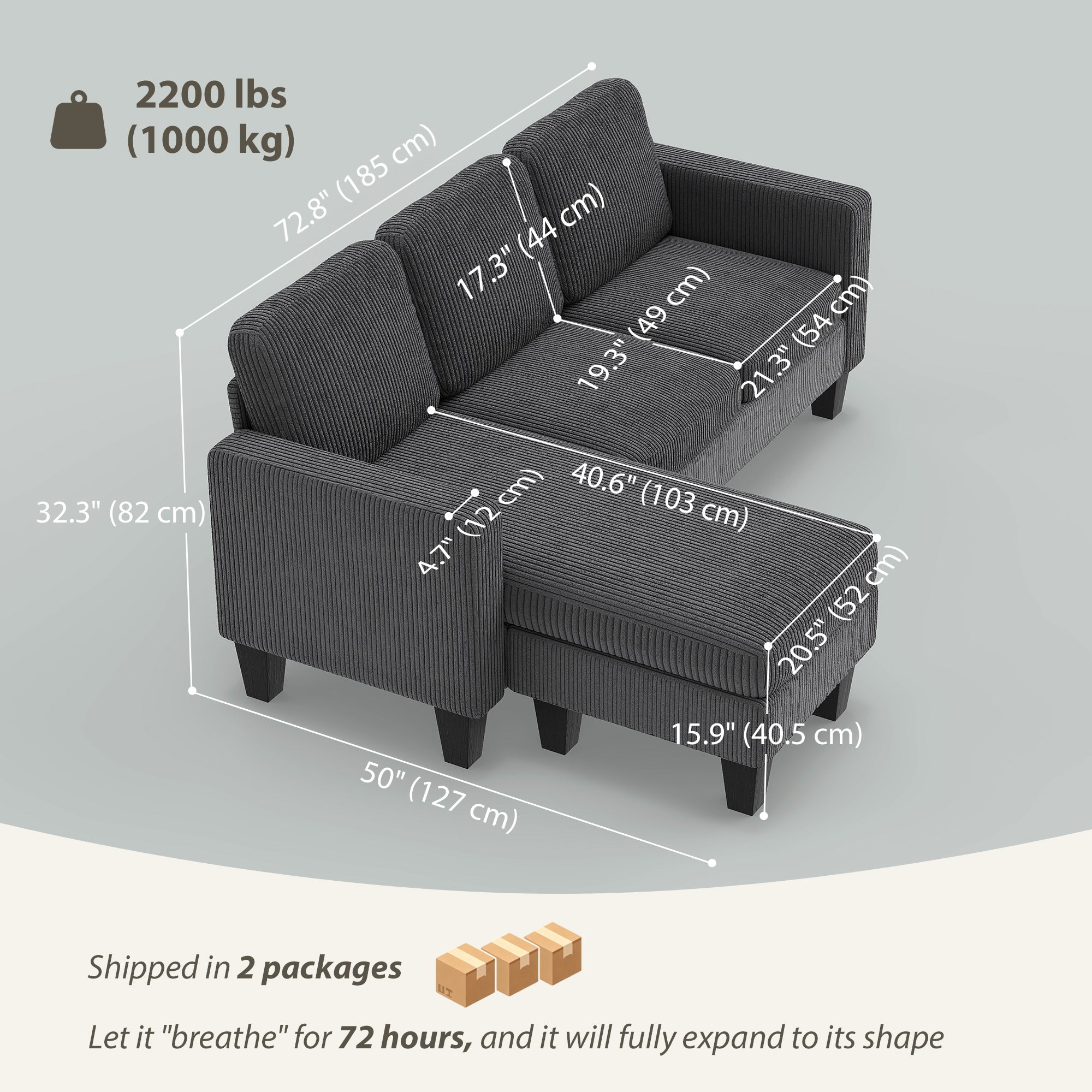 Sectional Sofa L-Shaped Dark Grey Corduroy-DECOROLALA