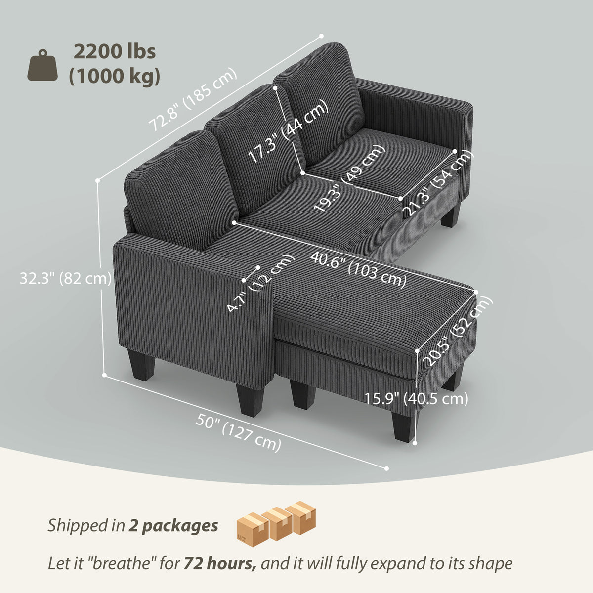 Sectional Sofa L-Shaped Dark Grey Corduroy-DECOROLALA