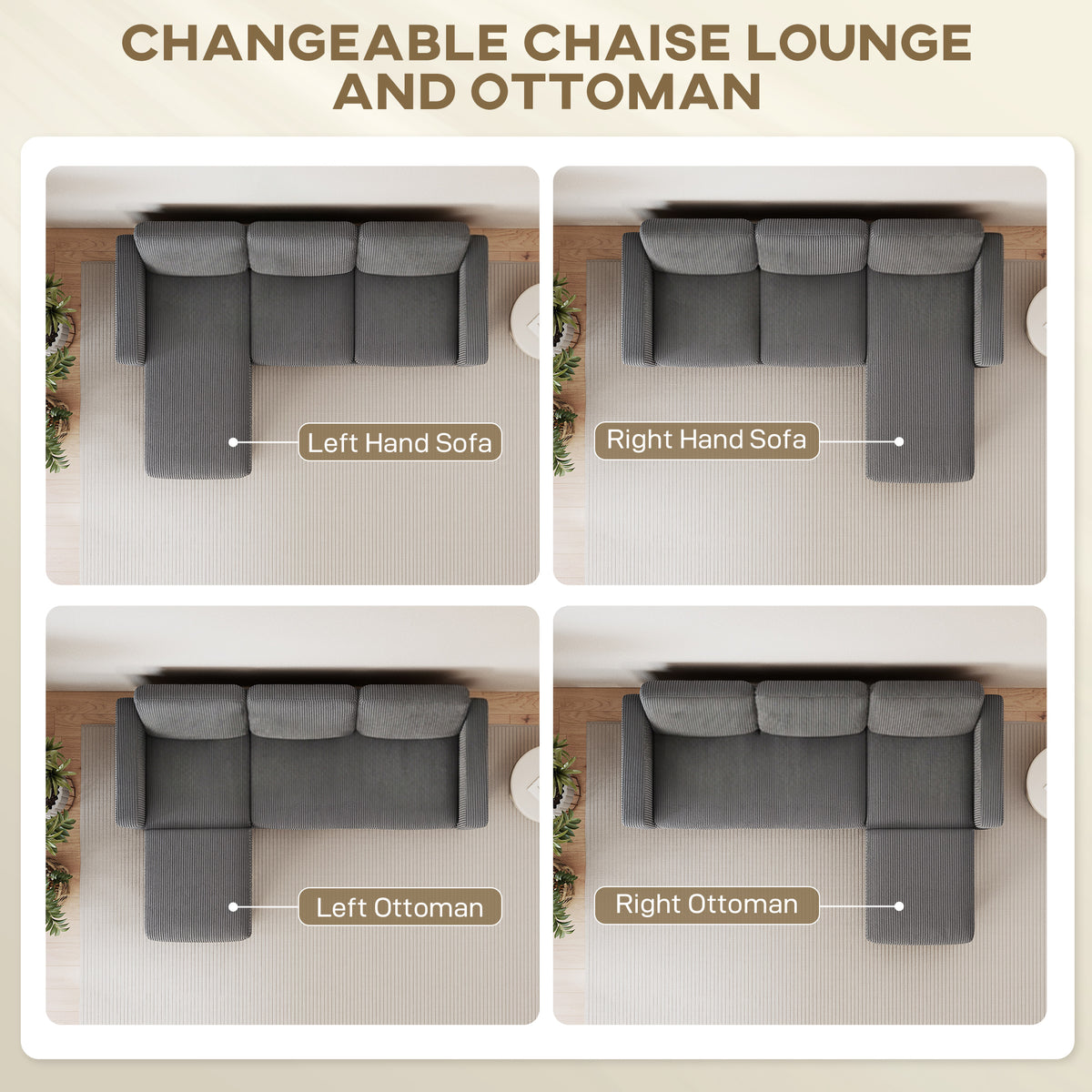 Sectional Sofa L-Shaped Dark Grey Corduroy-DECOROLALA
