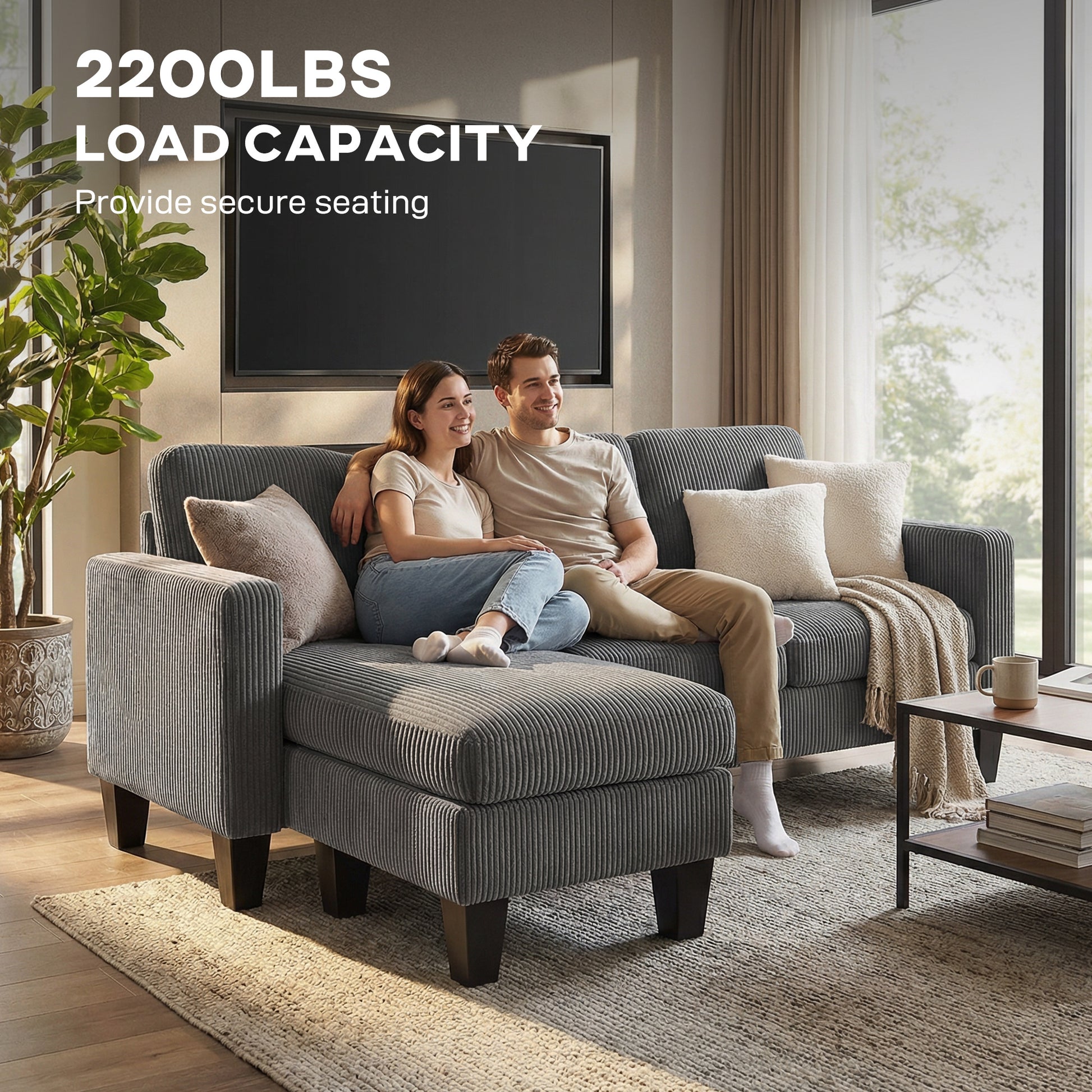 Sectional Sofa L-Shaped Dark Grey Corduroy-DECOROLALA