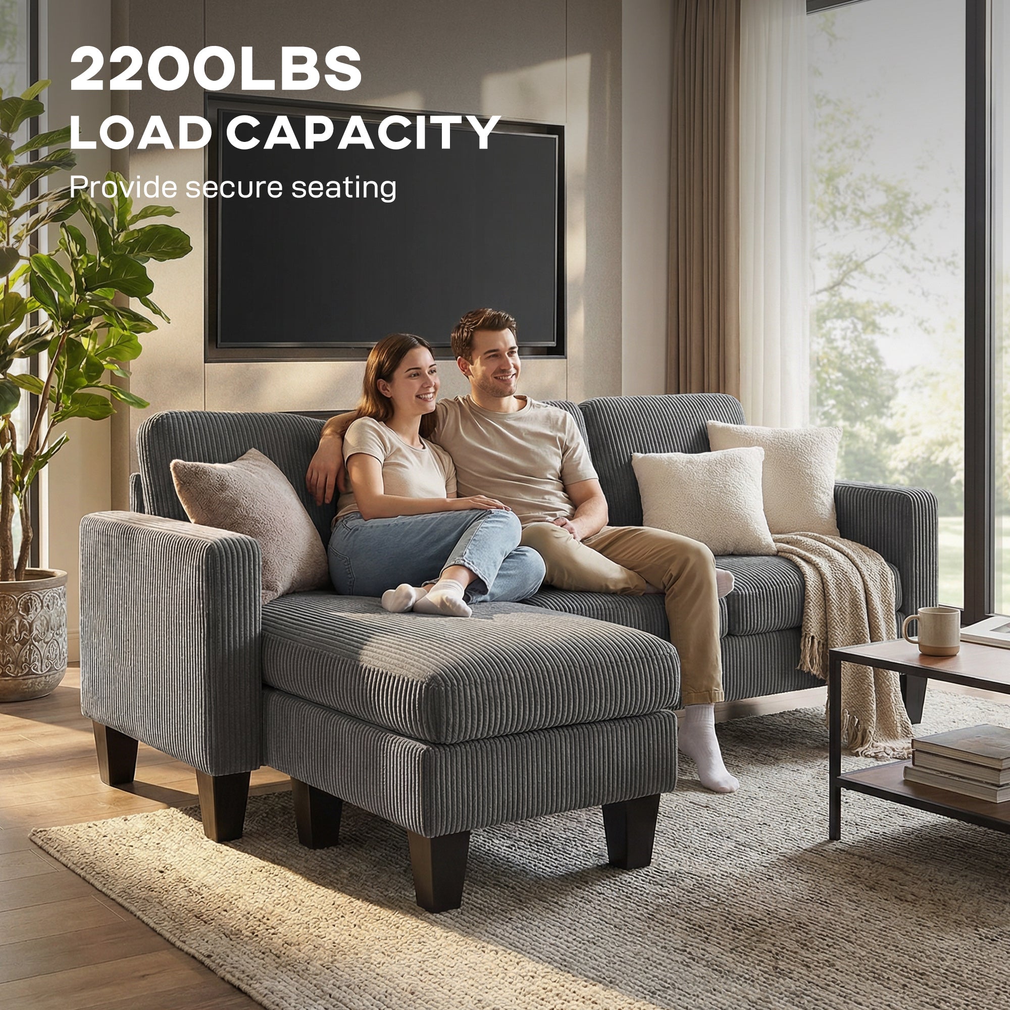 Sectional Sofa L-Shaped Dark Grey Corduroy-DECOROLALA