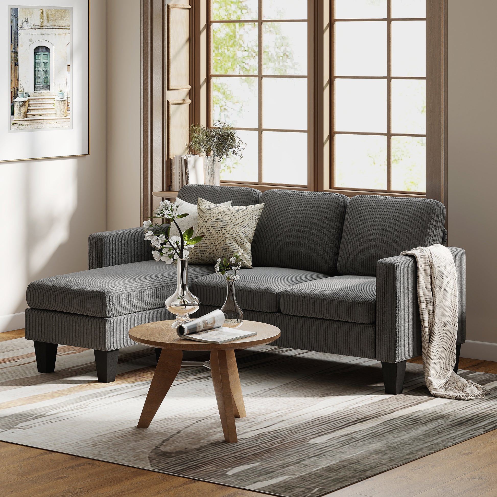 Sectional Sofa L-Shaped Dark Grey Corduroy-DECOROLALA