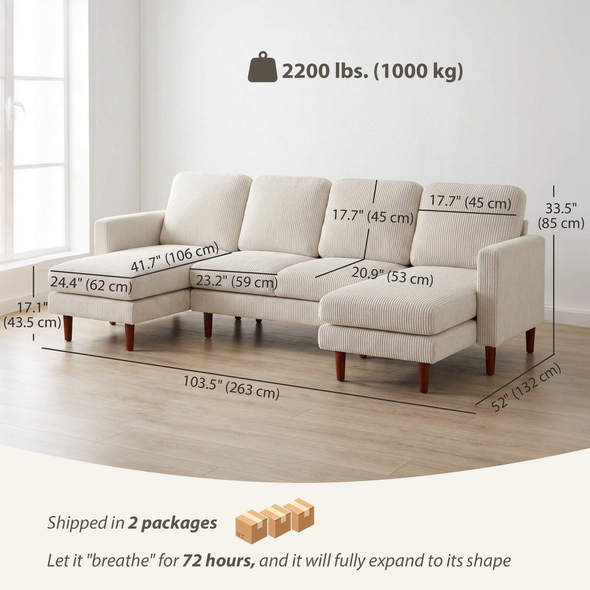 Sectional Sofa U-Shaped Corduroy Beige-DECOROLALA