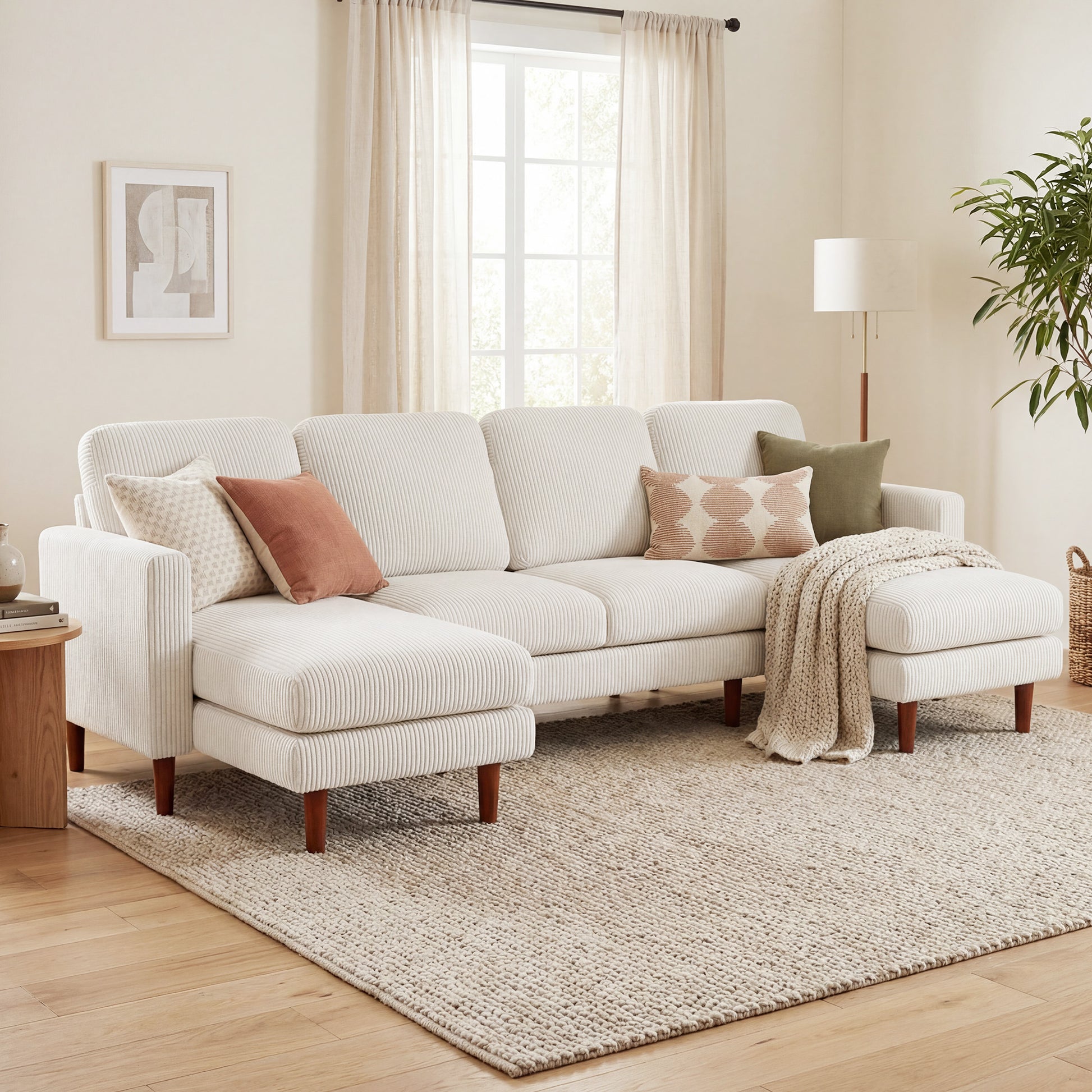 Sectional Sofa U-Shaped Corduroy Beige-DECOROLALA