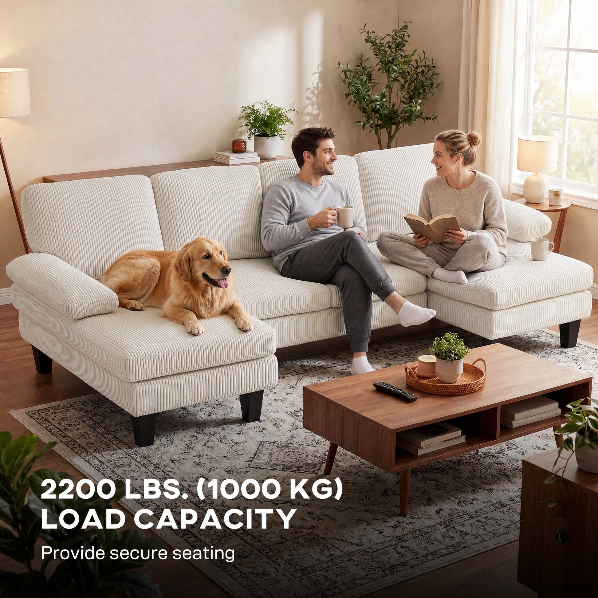 Sectional Sofa, U Shaped Couch with Double Chaise, Pillow-top Armrests and Spring Cushions, 2200lb Capacity, Beige-Home Furnishings > Living Room Furniture > Sofas & Reclining Chairs > L Shaped Couchs-DECOROLALA