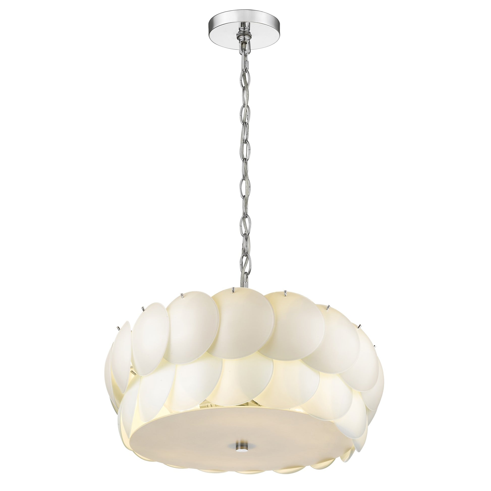 Selene 6-Light Polished Chrome Pendant With Overlapping Frosted White Glass Discs Shade-Pendants-Hanging Lights-DECOROLALA