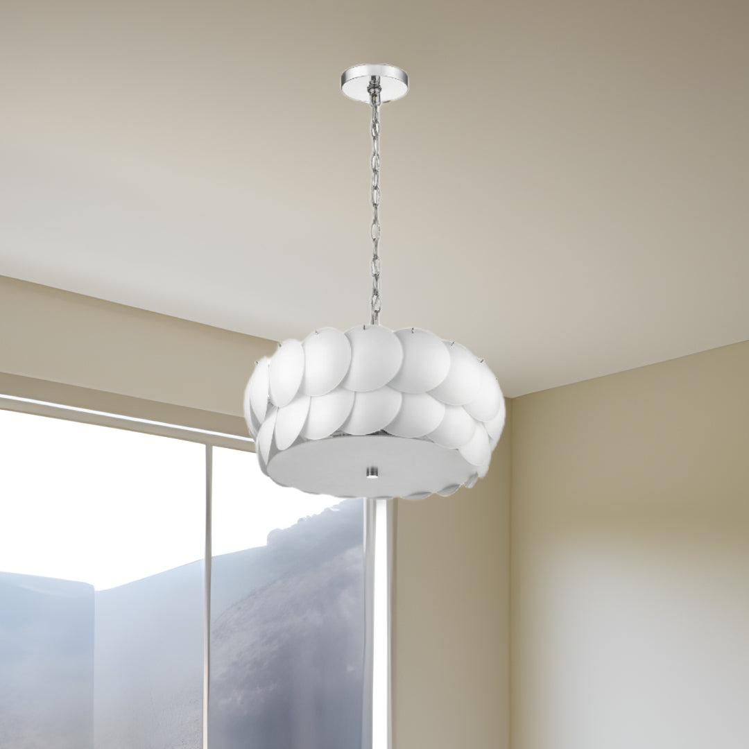Selene 6-Light Polished Chrome Pendant With Overlapping Frosted White Glass Discs Shade-Pendants-Hanging Lights-DECOROLALA