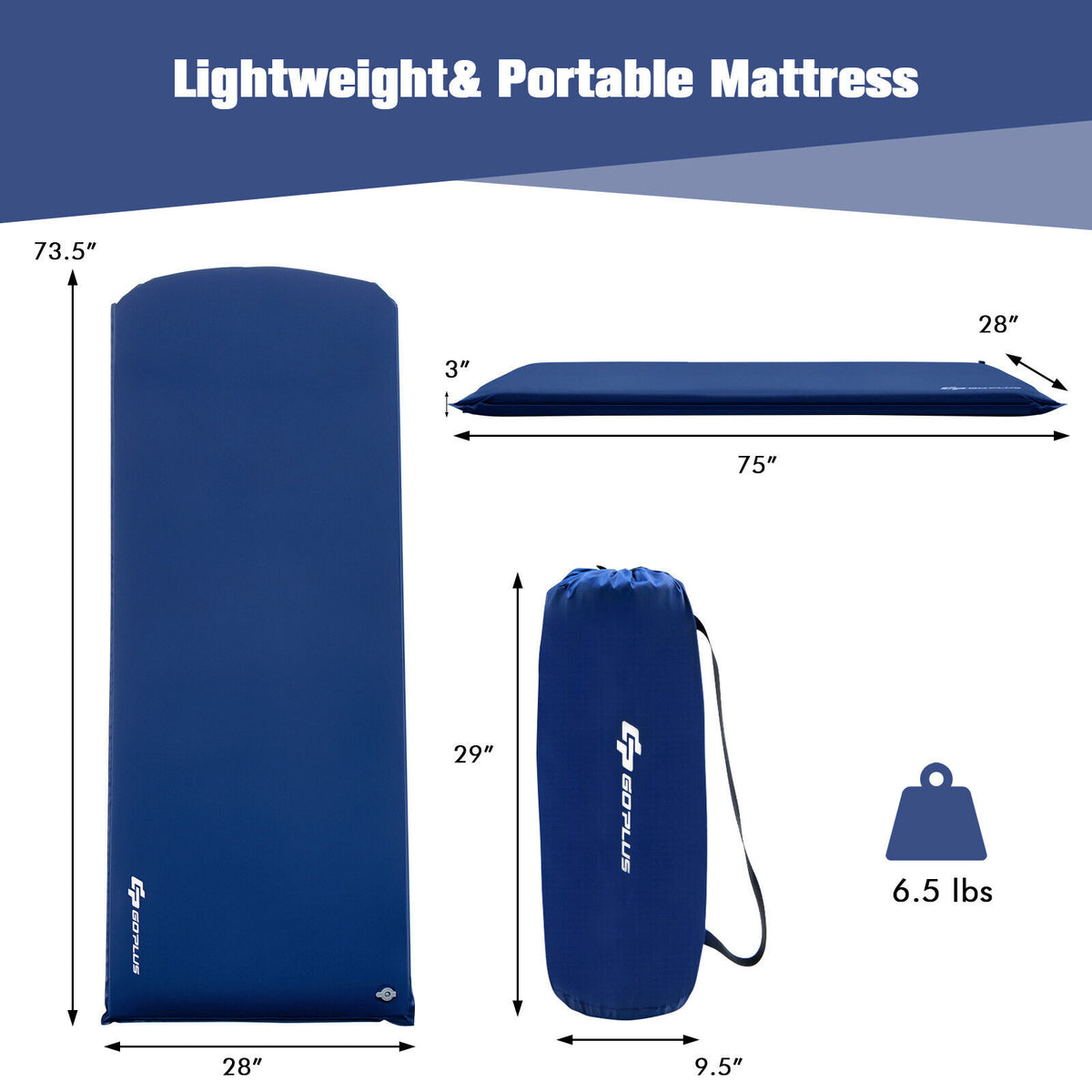 Self-inflating Lightweight Folding Foam Sleeping Cot with Storage bag-Blue-Air Mattresses & Sleeping Bags-DECOROLALA