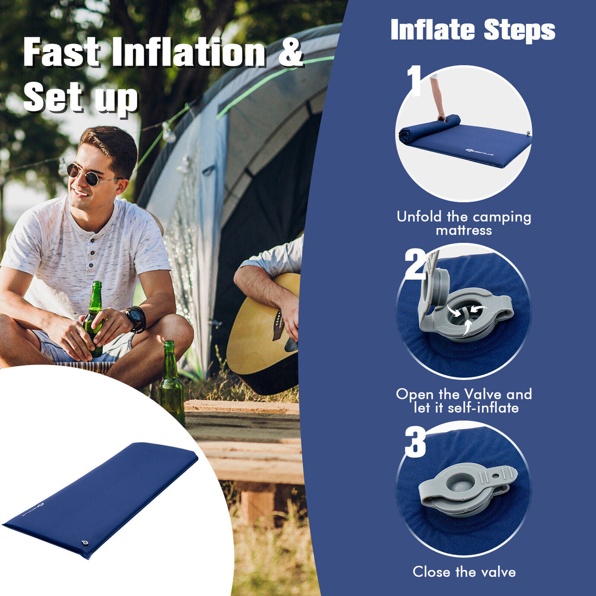 Self-inflating Lightweight Folding Foam Sleeping Cot with Storage bag-Blue-Air Mattresses & Sleeping Bags-DECOROLALA