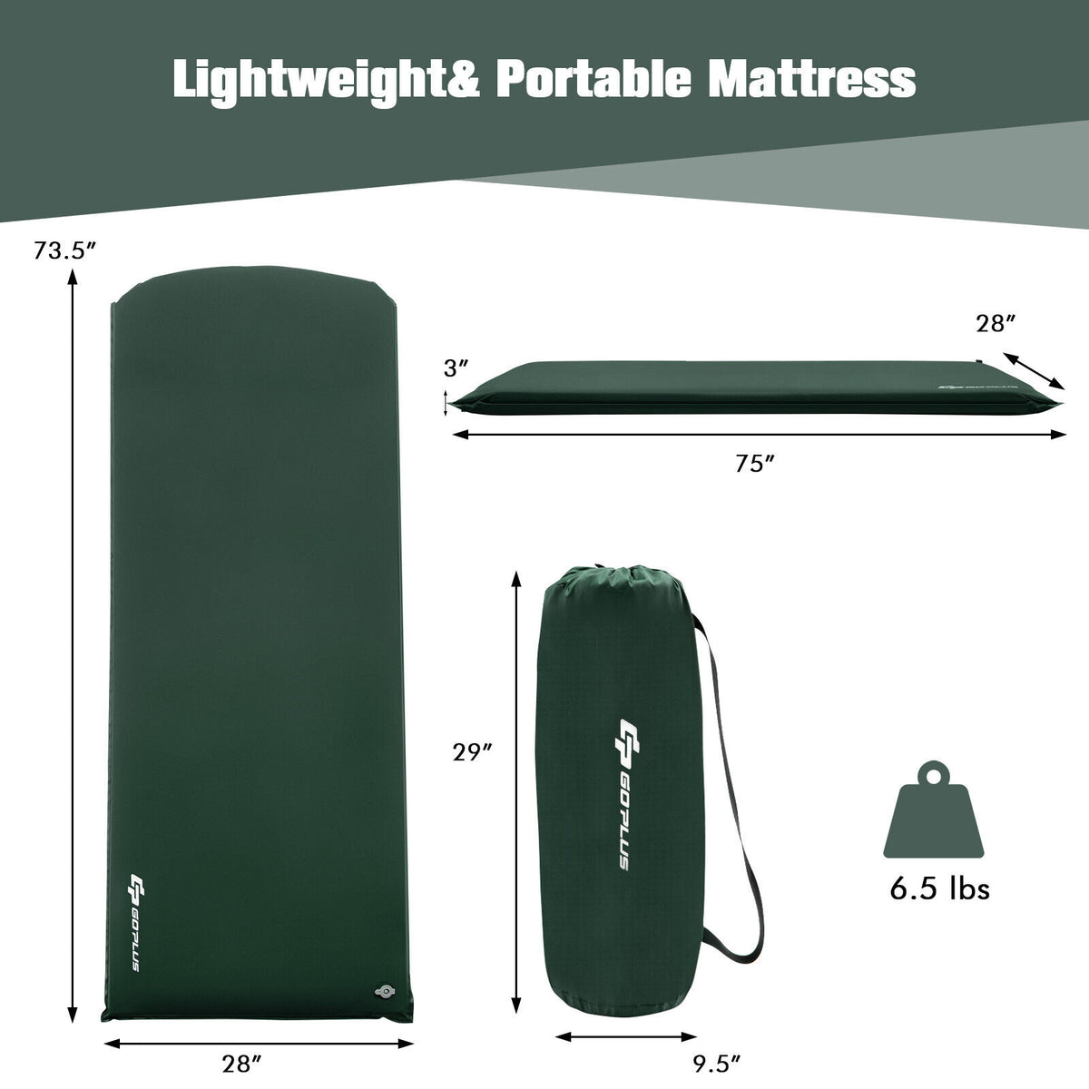 Self-inflating Lightweight Folding Foam Sleeping Cot with Storage bag-Green-Air Mattresses & Sleeping Bags-DECOROLALA