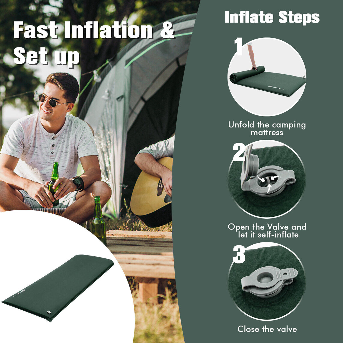 Self-inflating Lightweight Folding Foam Sleeping Cot with Storage bag-Green-Air Mattresses & Sleeping Bags-DECOROLALA