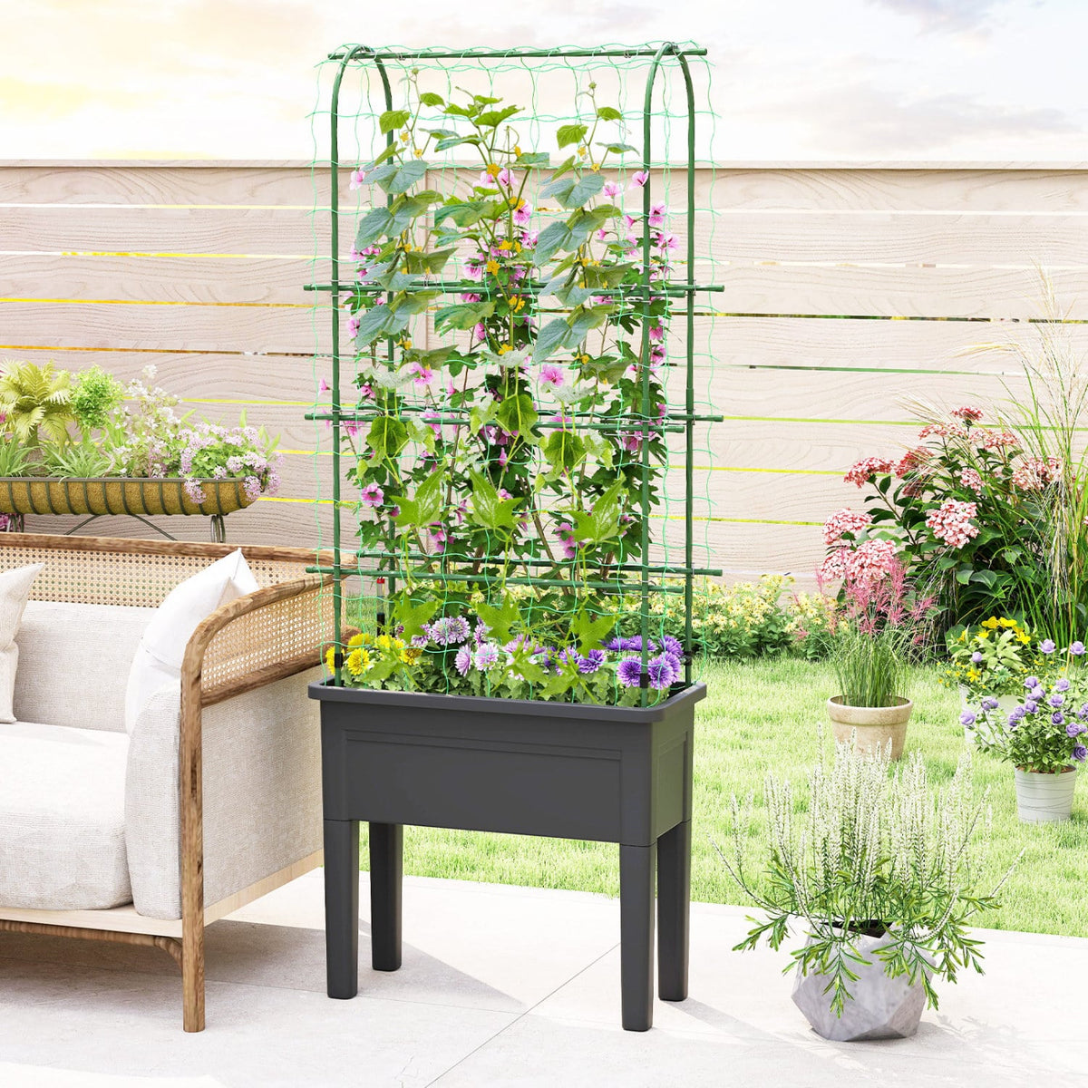 Self-watering Raised Garden Bed Elevated Planter with Climbing Trellis-Black-Raised Garden Beds-DECOROLALA