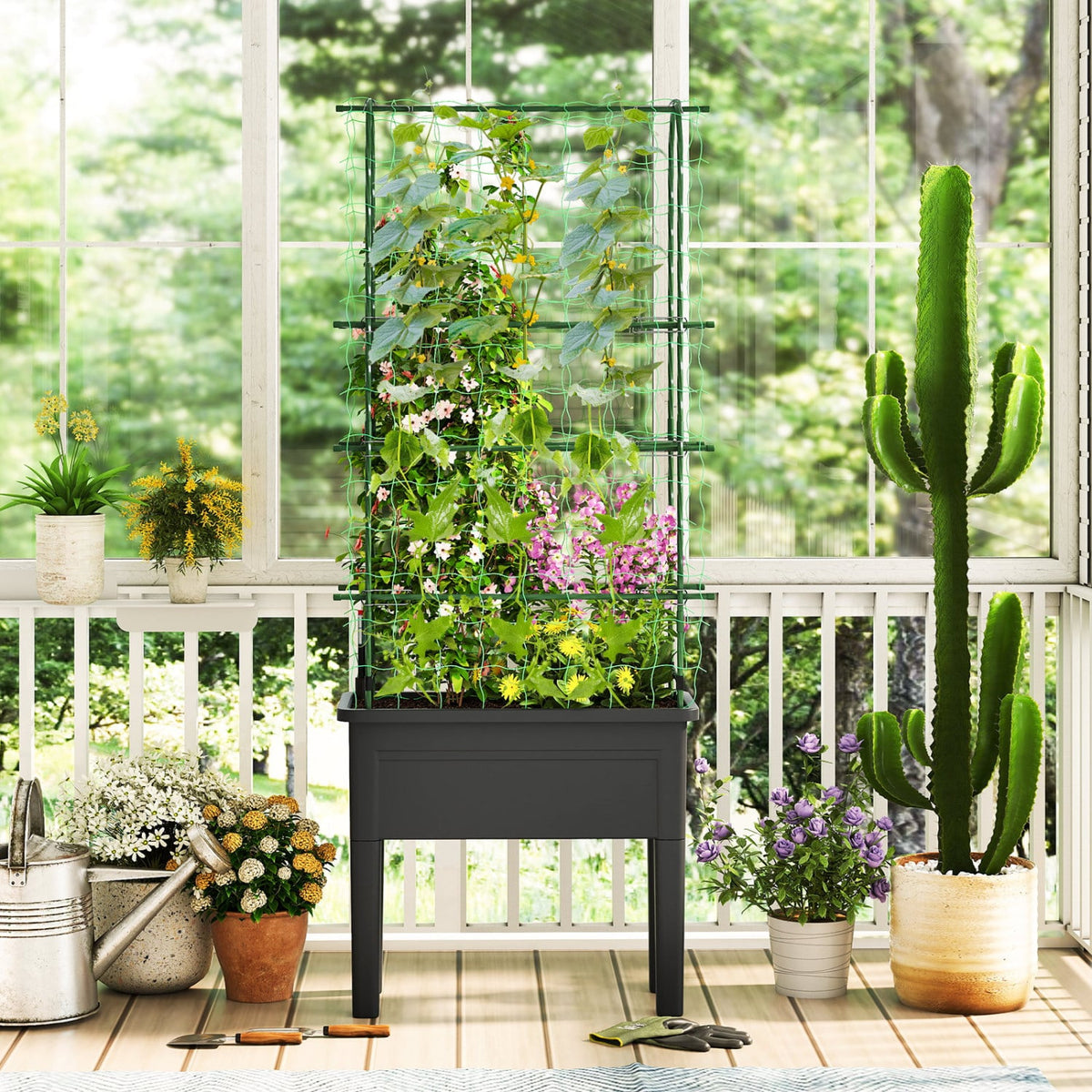 Self-watering Raised Garden Bed Elevated Planter with Climbing Trellis-Black-Raised Garden Beds-DECOROLALA
