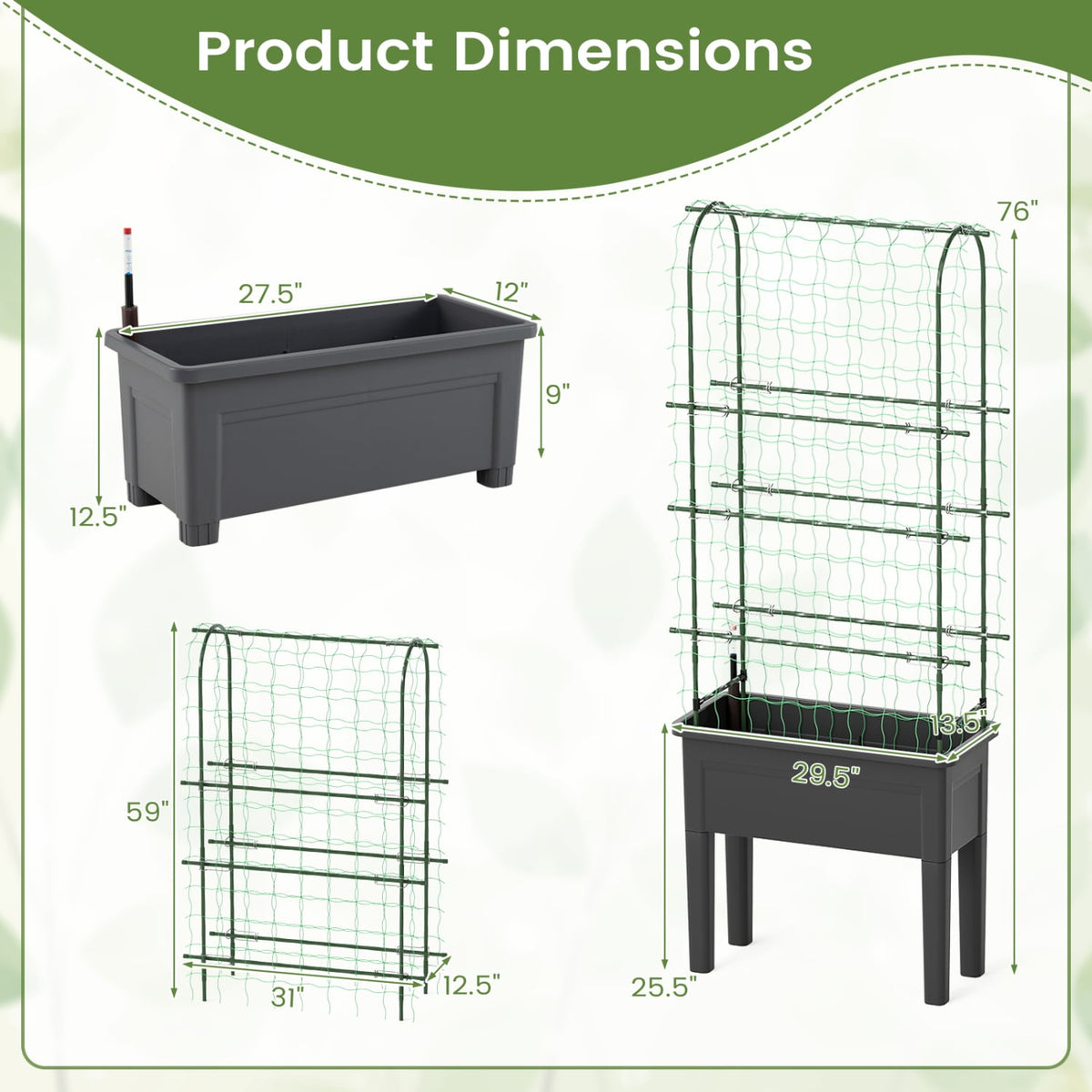 Self-watering Raised Garden Bed Elevated Planter with Climbing Trellis-Black-Raised Garden Beds-DECOROLALA