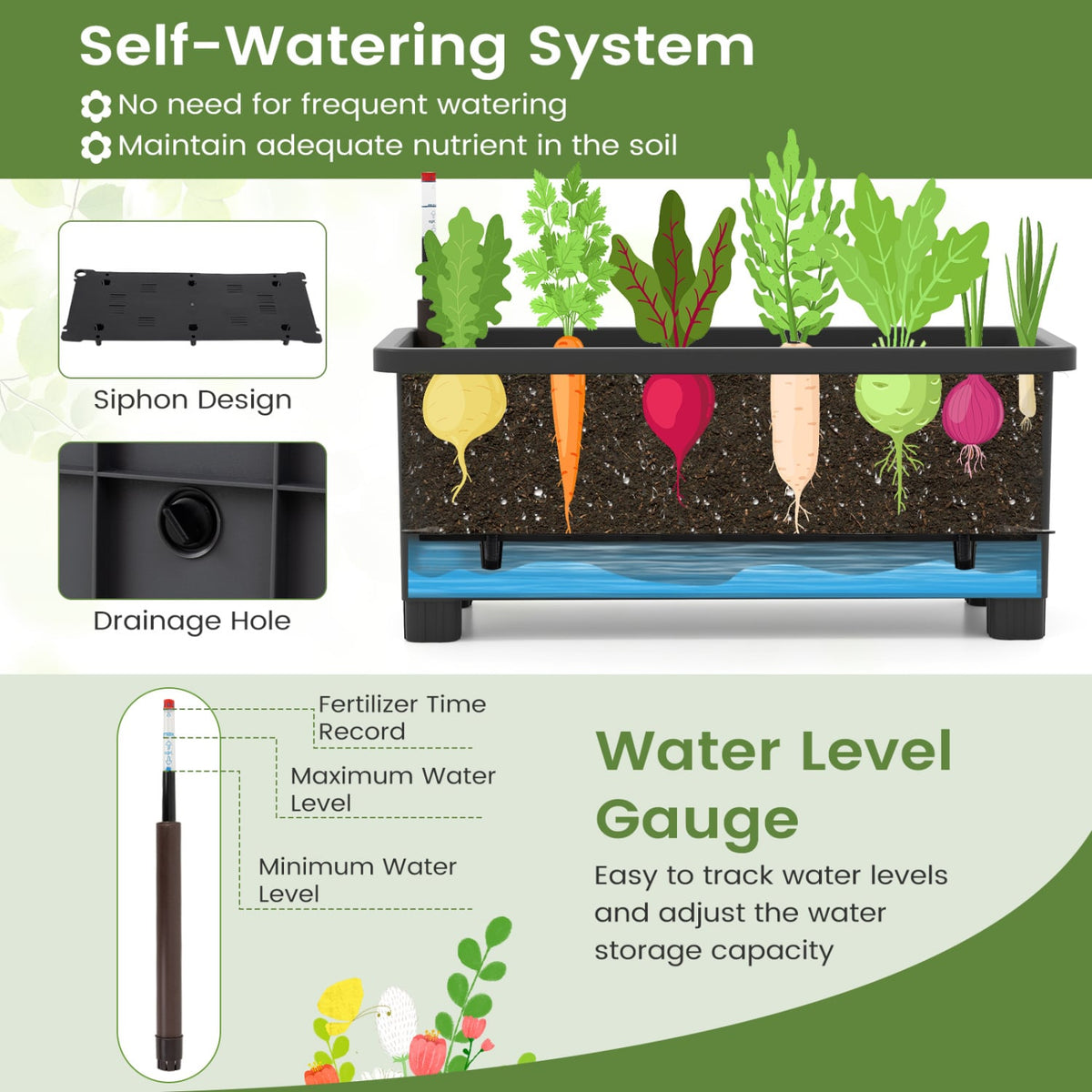 Self-watering Raised Garden Bed Elevated Planter with Climbing Trellis-Black-Raised Garden Beds-DECOROLALA