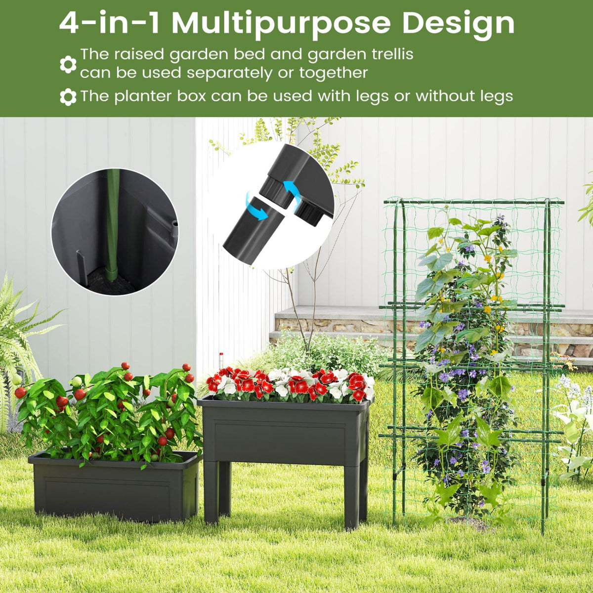 Self-watering Raised Garden Bed Elevated Planter with Climbing Trellis-Black-Raised Garden Beds-DECOROLALA