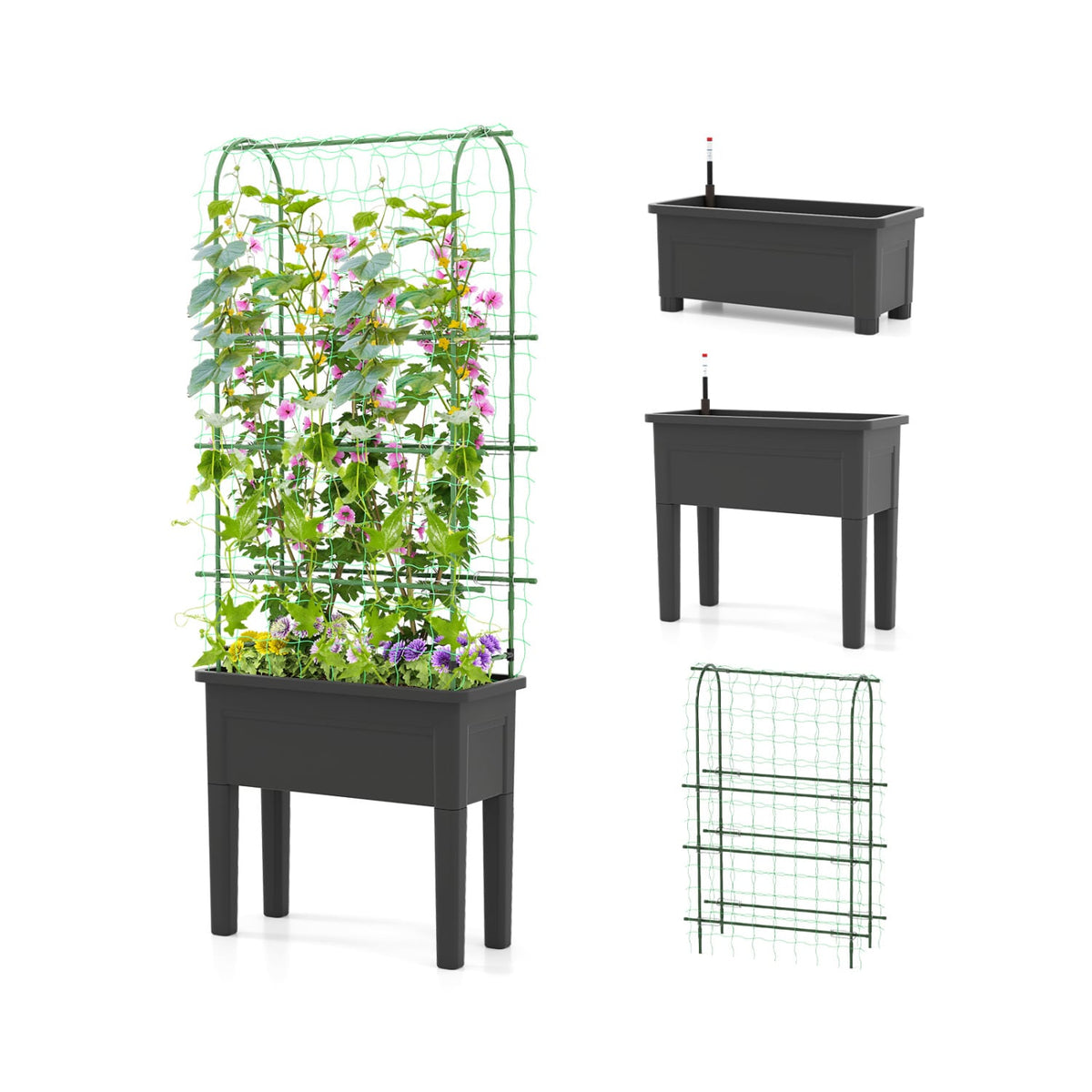 Self-watering Raised Garden Bed Elevated Planter with Climbing Trellis-Black-Raised Garden Beds-DECOROLALA
