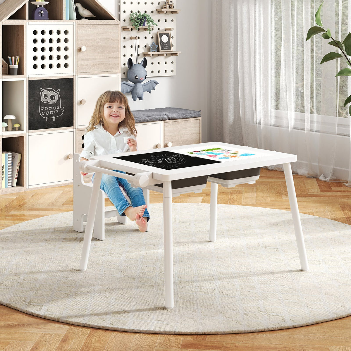 Sensory Table and Chair Set for Kids 2-8 with Foldable Bins-White-Kids Tables & Chair Sets-DECOROLALA