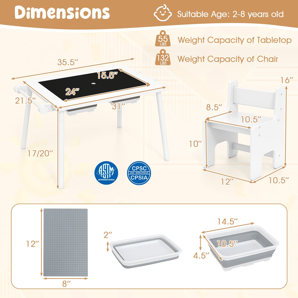 Sensory Table and Chair Set for Kids 2-8 with Foldable Bins-White-Kids Tables & Chair Sets-DECOROLALA