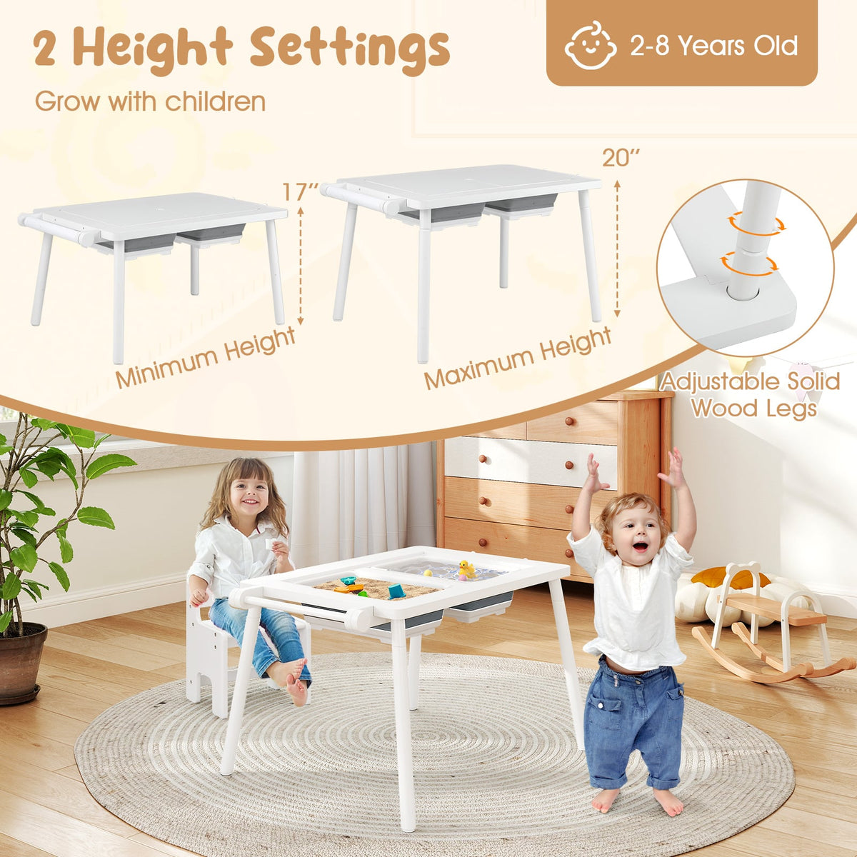Sensory Table and Chair Set for Kids 2-8 with Foldable Bins-White-Kids Tables & Chair Sets-DECOROLALA