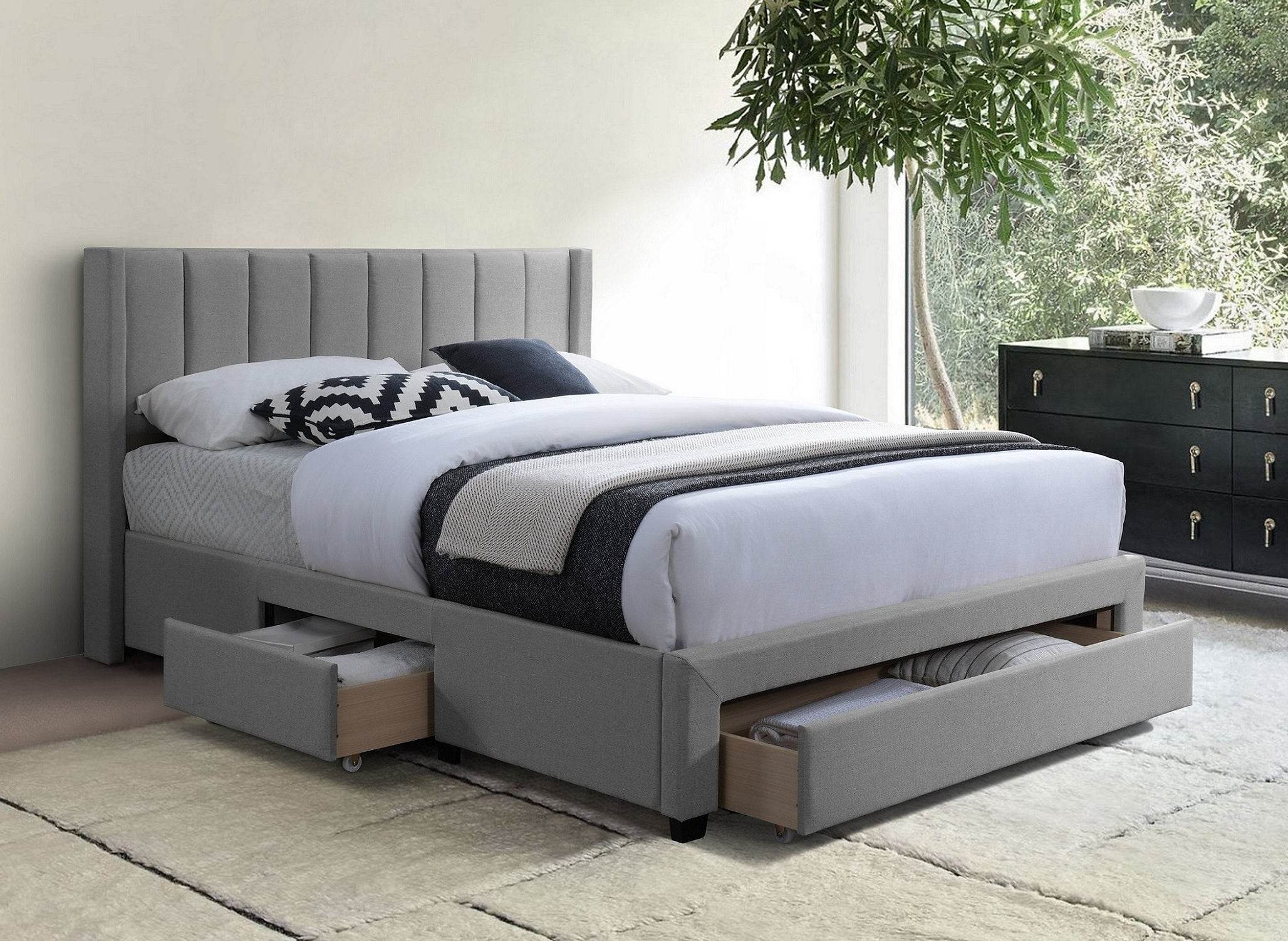 Serenity Grey Fabric Bed with Storage & Tufted Headboard-DECOROLALA