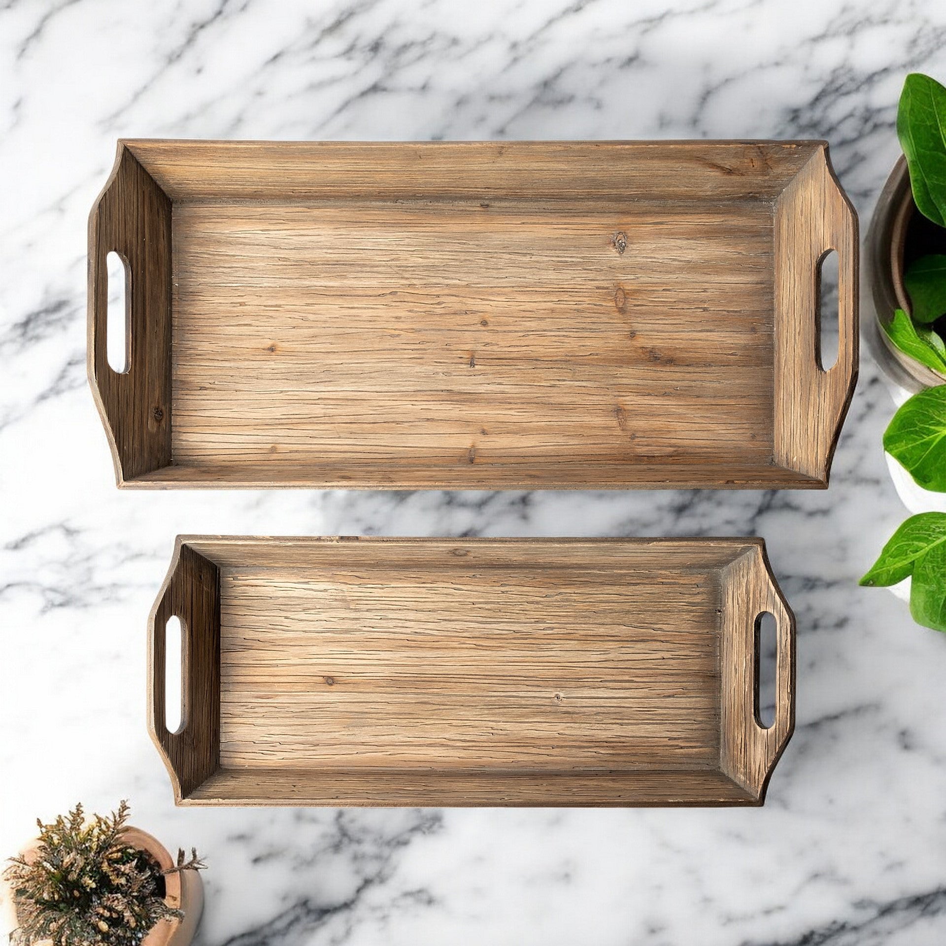 Set Of 2 Natural Brown Wood With Grains And Knots Highlight Trays-Trays-DECOROLALA