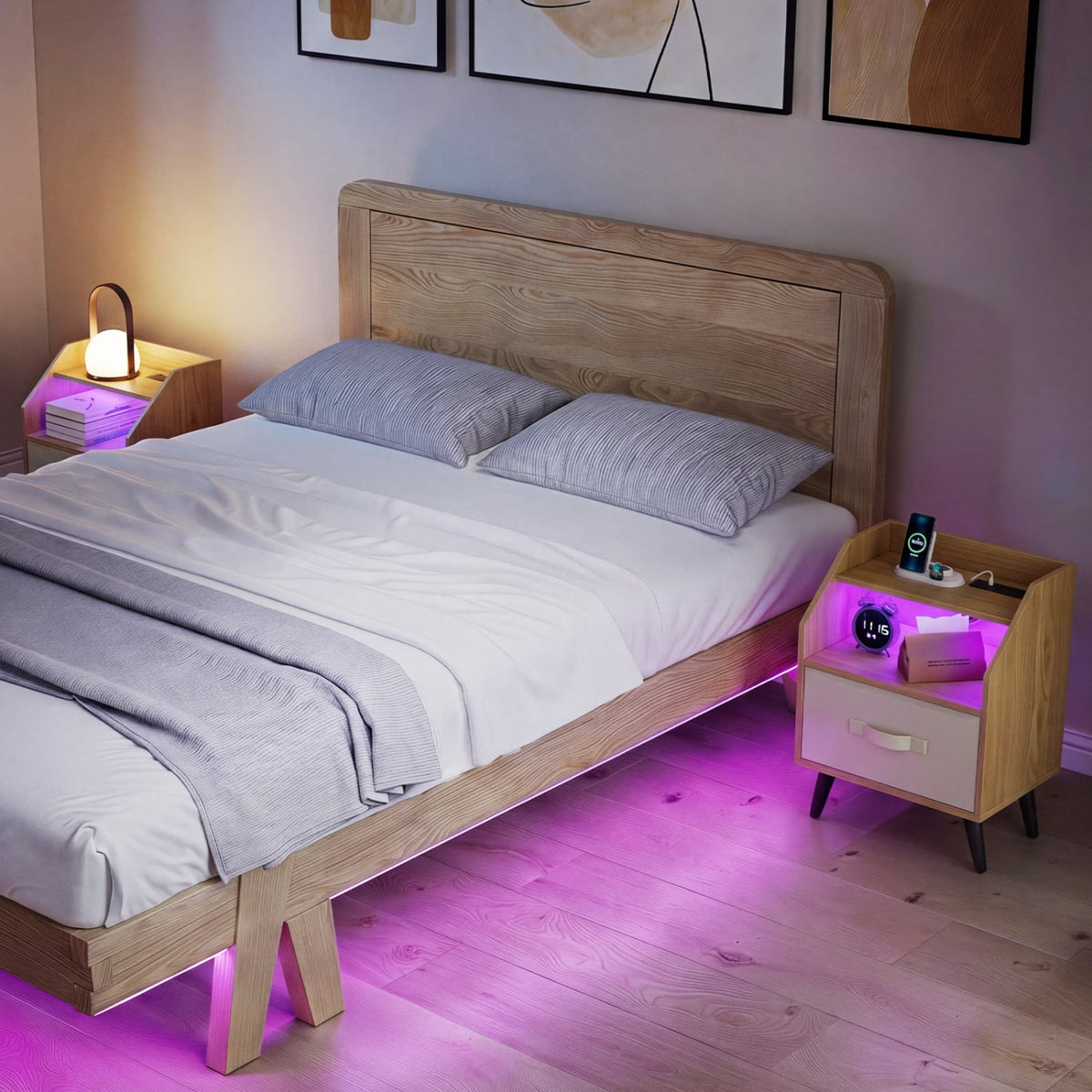 Set Of 2 Nightstands with LED Lights and Power Outlets for Living Room-Natrual-Nightstands-DECOROLALA