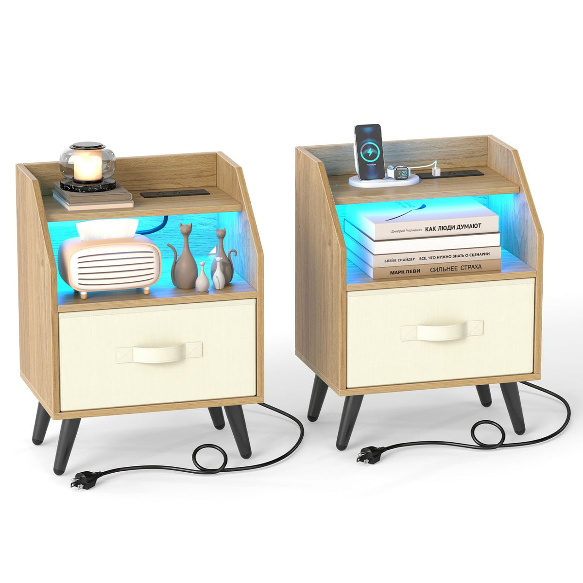 Set Of 2 Nightstands with LED Lights and Power Outlets for Living Room-Natrual-Nightstands-DECOROLALA