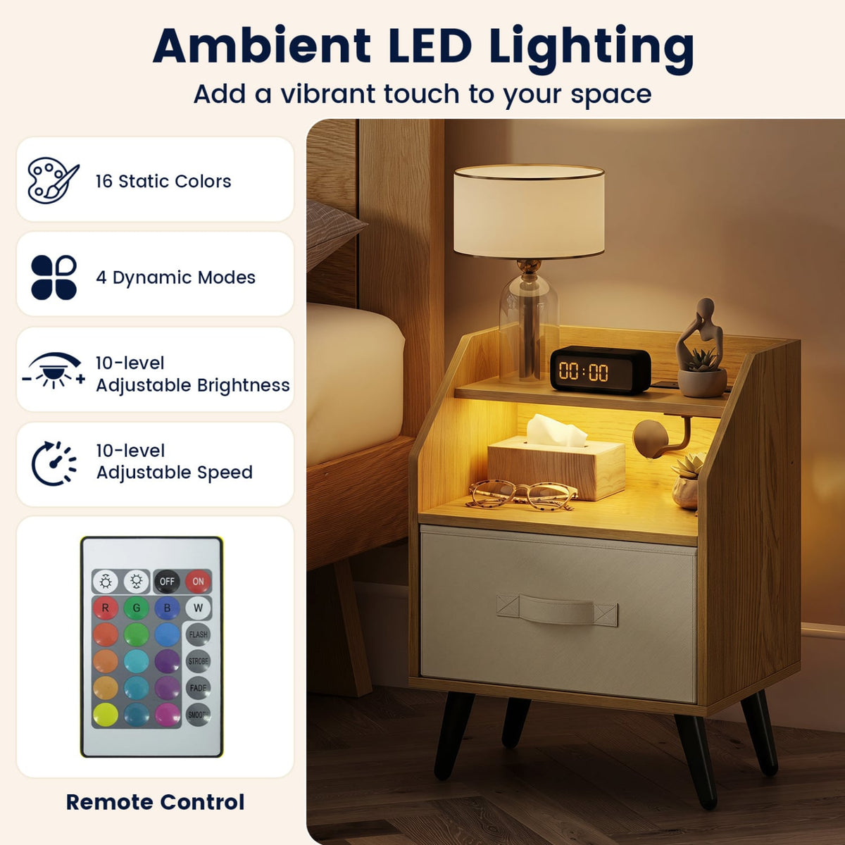 Set Of 2 Nightstands with LED Lights and Power Outlets for Living Room-Natrual-Nightstands-DECOROLALA