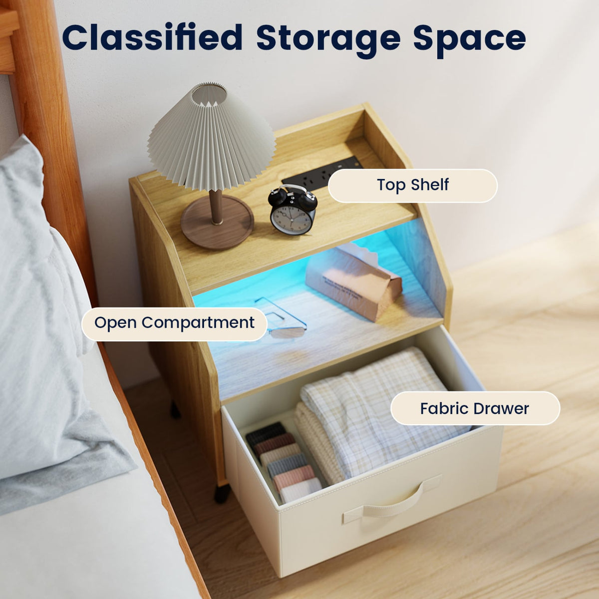 Set Of 2 Nightstands with LED Lights and Power Outlets for Living Room-Natrual-Nightstands-DECOROLALA