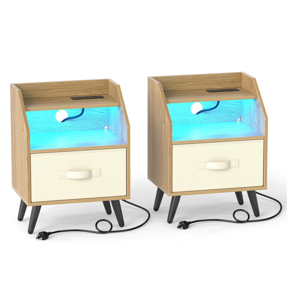 Set Of 2 Nightstands with LED Lights and Power Outlets for Living Room-Natrual-Nightstands-DECOROLALA
