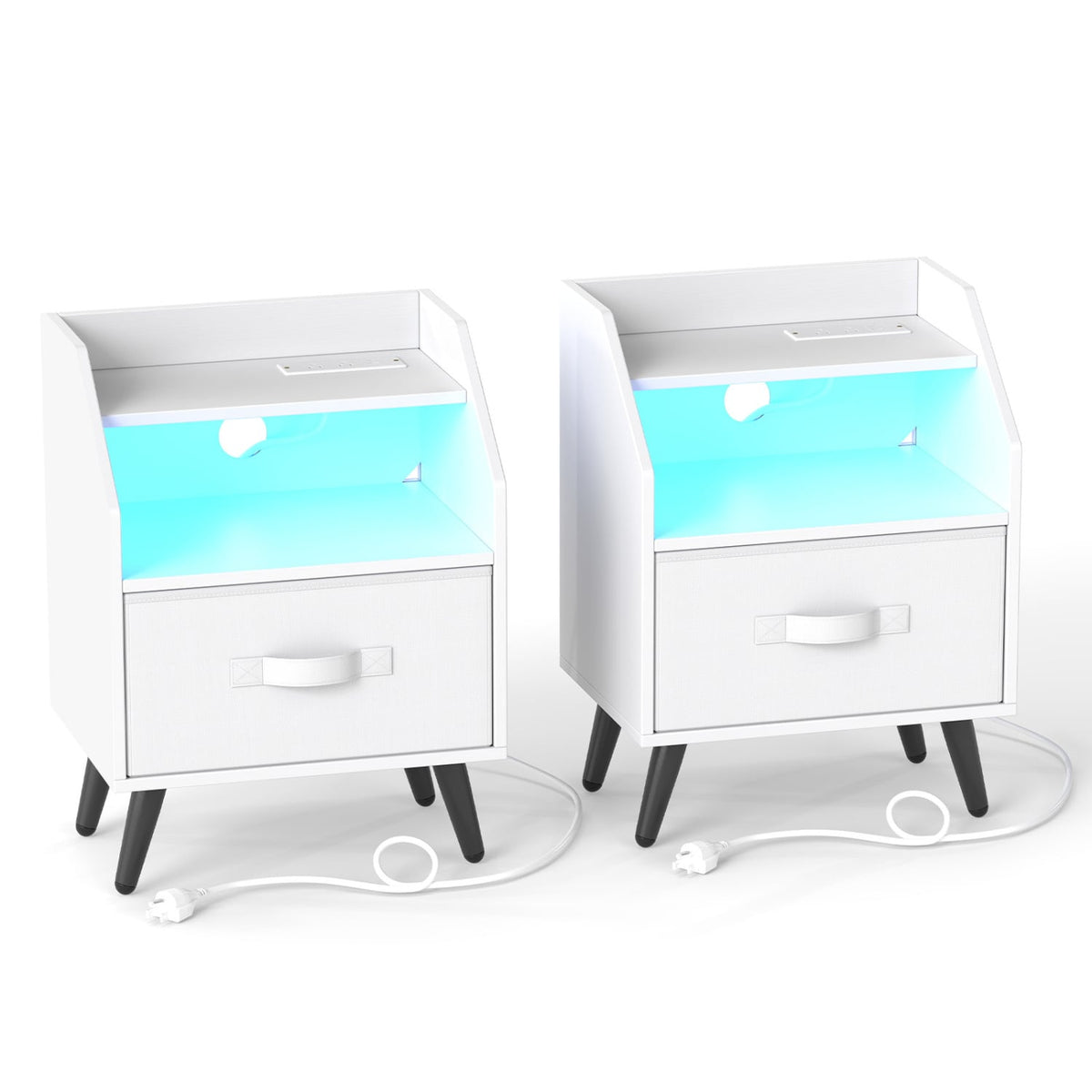 Set Of 2 Nightstands with LED Lights and Power Outlets for Living Room-White-Nightstands-DECOROLALA