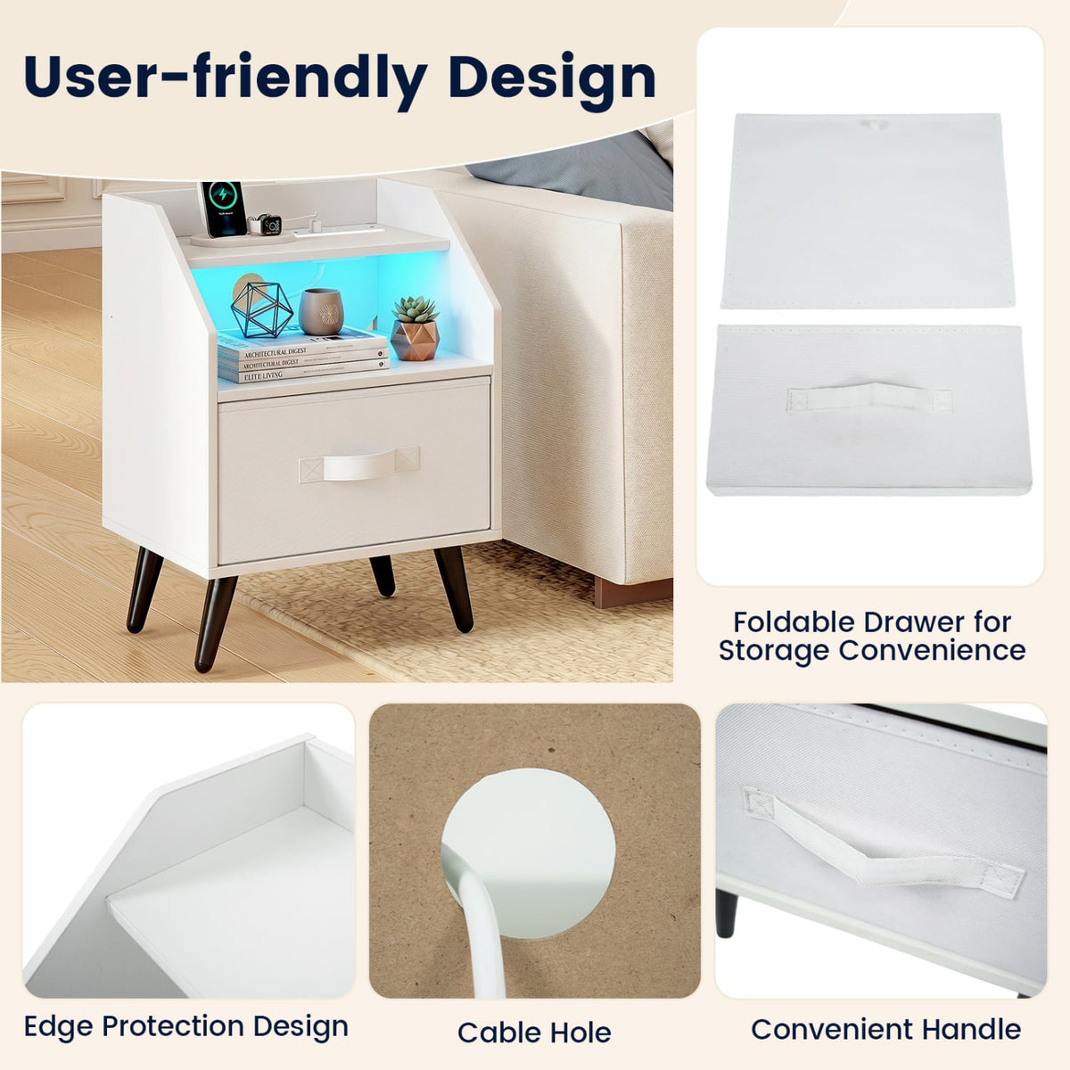 Set Of 2 Nightstands with LED Lights and Power Outlets for Living Room-White-Nightstands-DECOROLALA