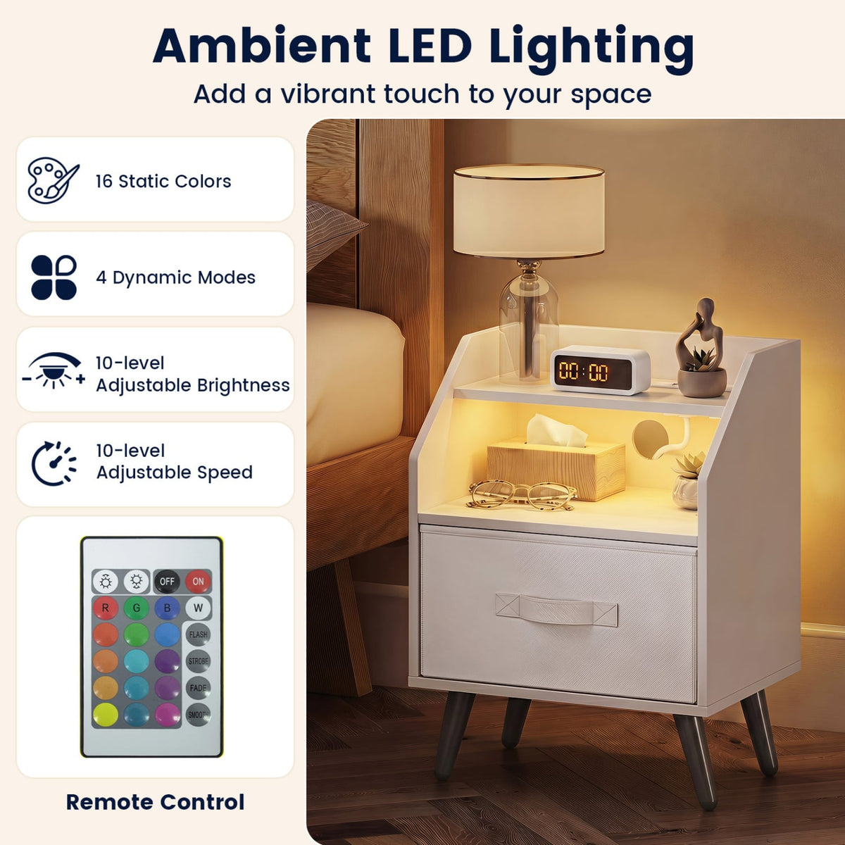Set Of 2 Nightstands with LED Lights and Power Outlets for Living Room-White-Nightstands-DECOROLALA